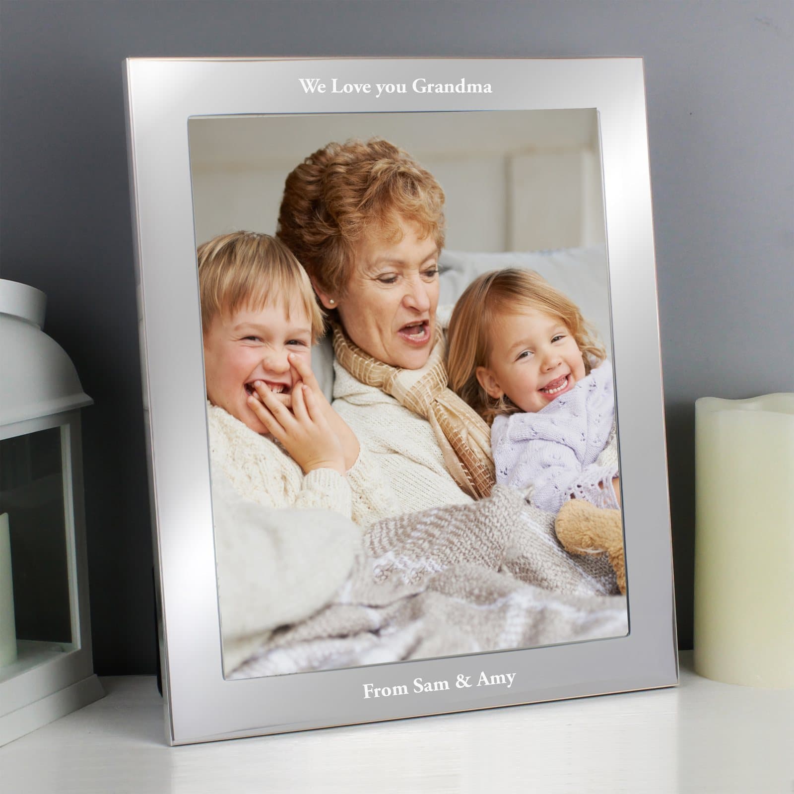 Silver aluminium 8x10 photo frame with a personalised message at the top and bottom