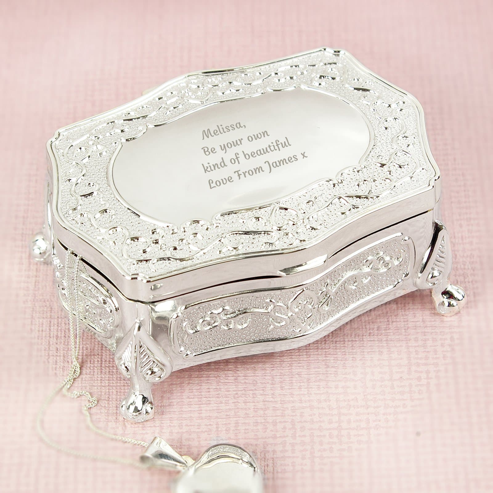 Small silver finish antique trinket box with a hinged lid and personalised message