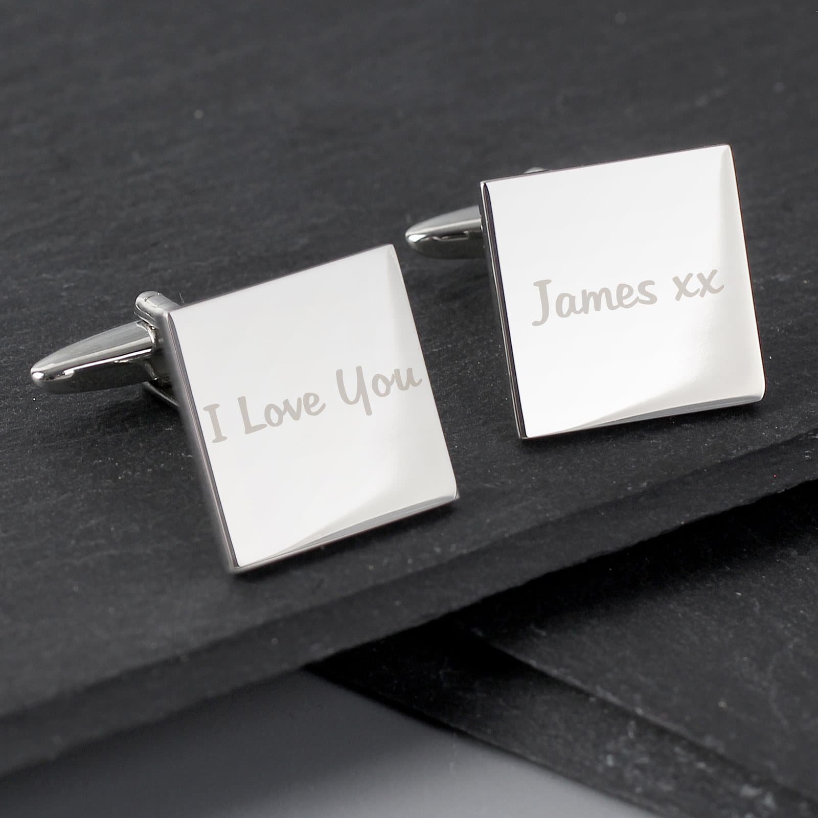 Pair of square cufflinks personalised with a short message