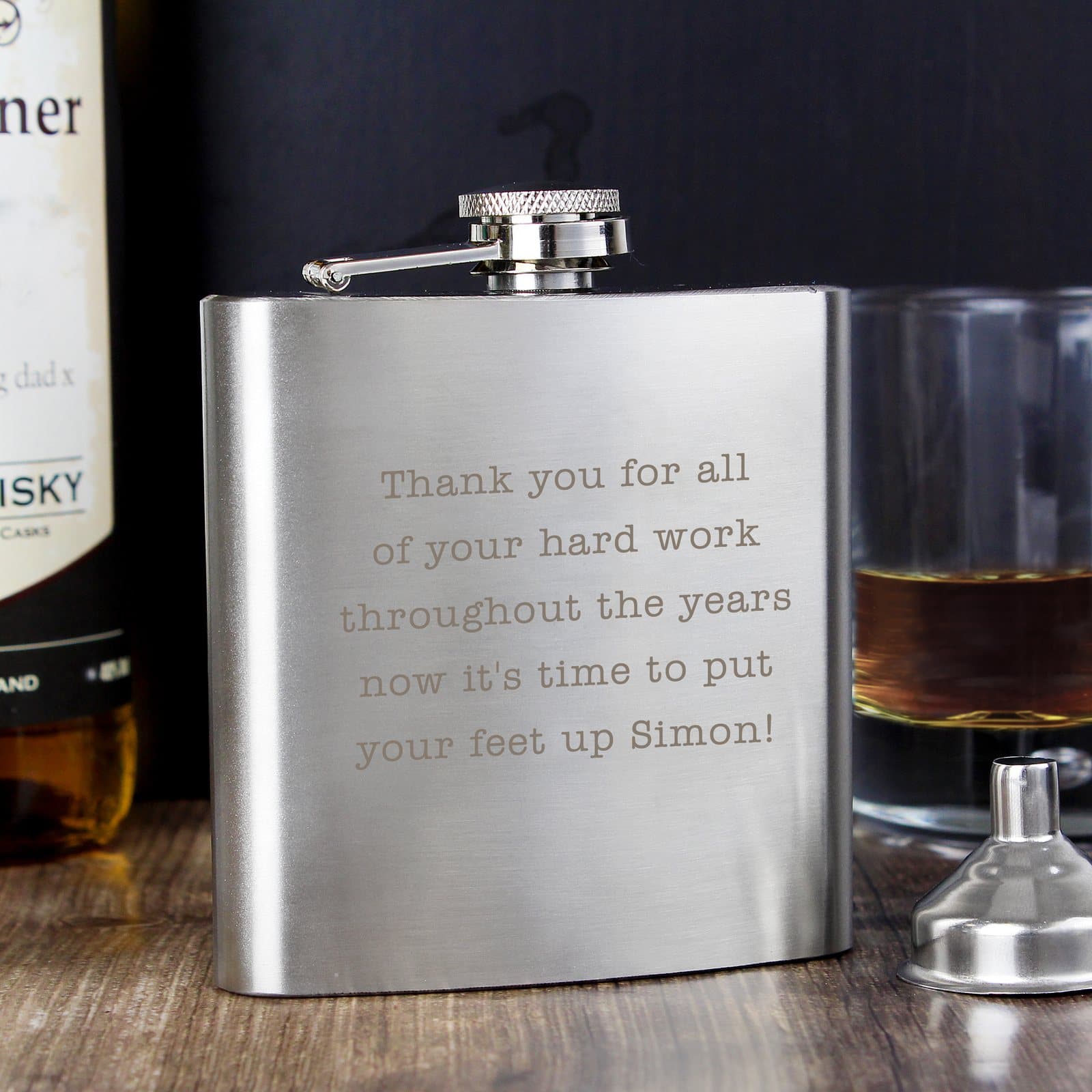 Personalised stainless steel hip flask with presentation box