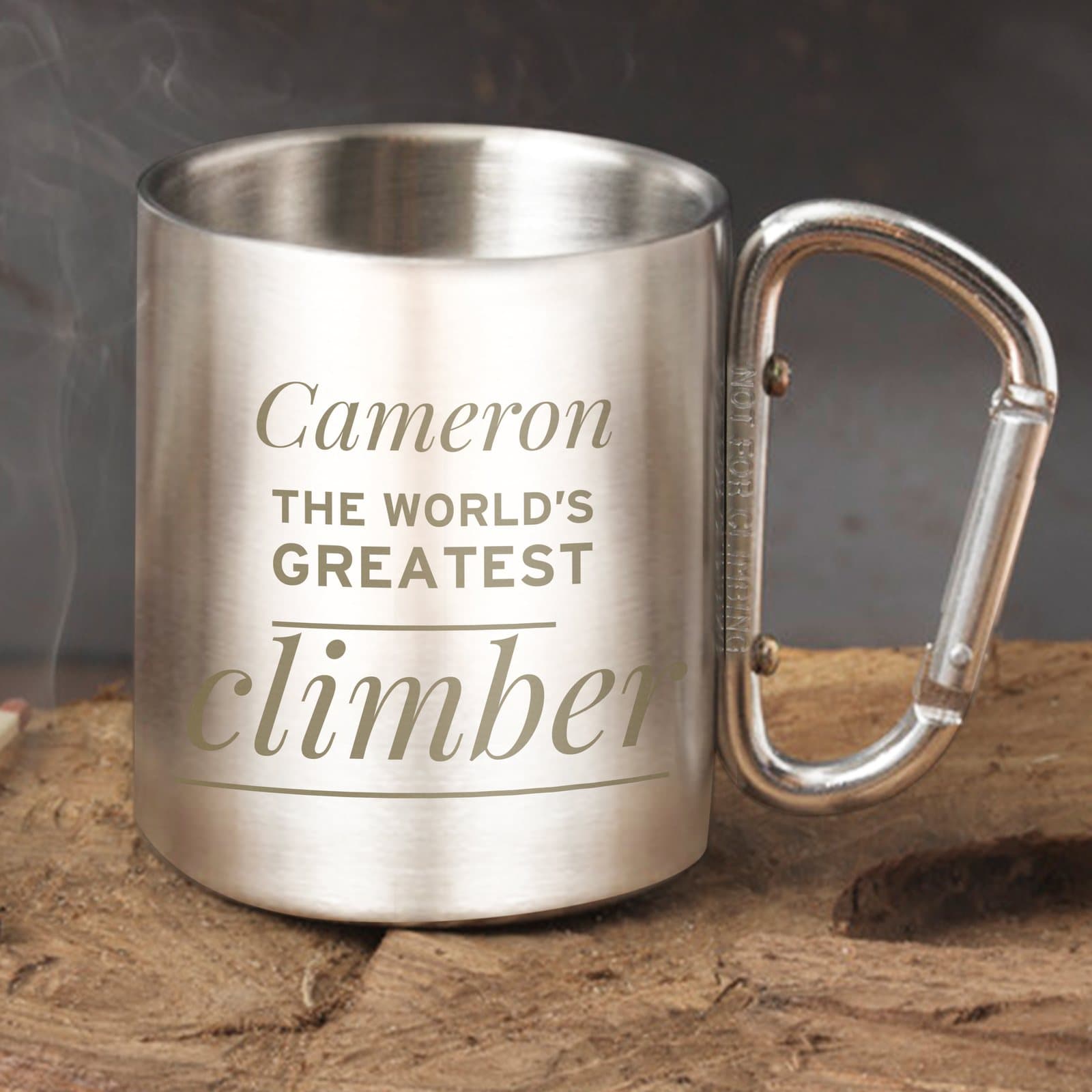 Stainless steel mug with a personalised name and three lines of message text
