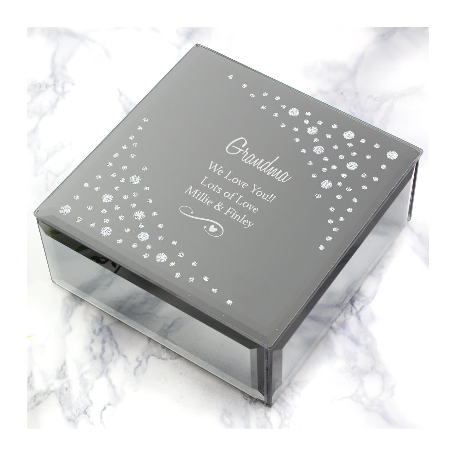 Diamante effect mirrored glass trinket box with a personalised name and message
