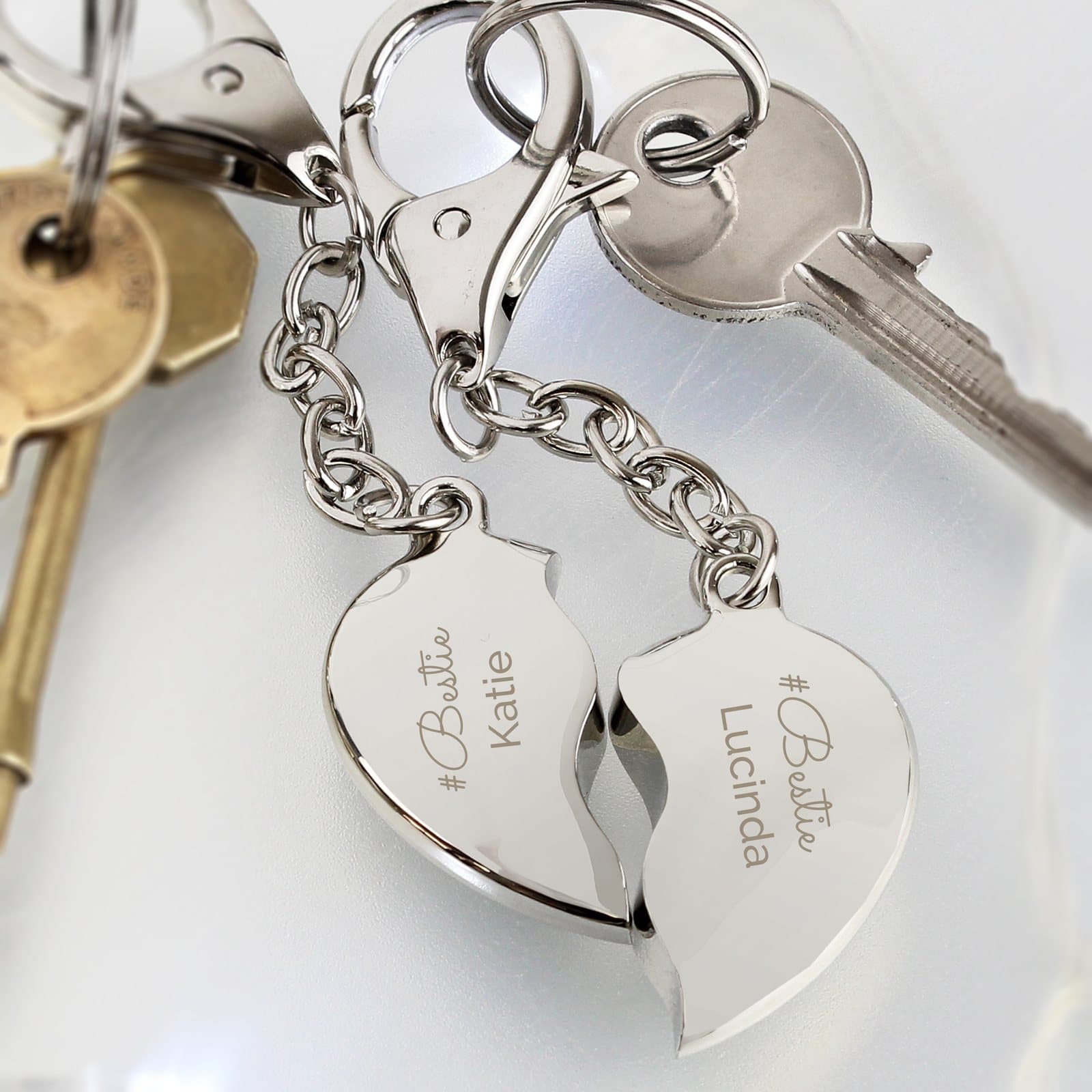 Two hearts keyring with a message on each half