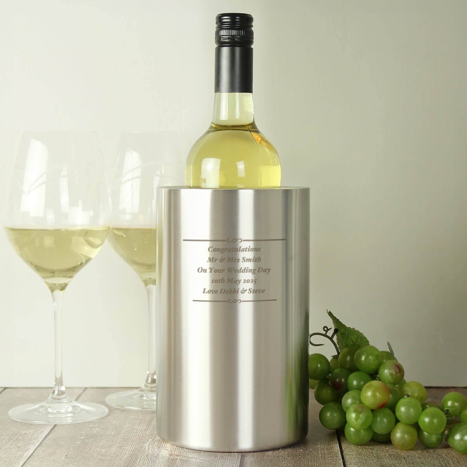 Brushed stainless steel wine cooler with personalised message lines