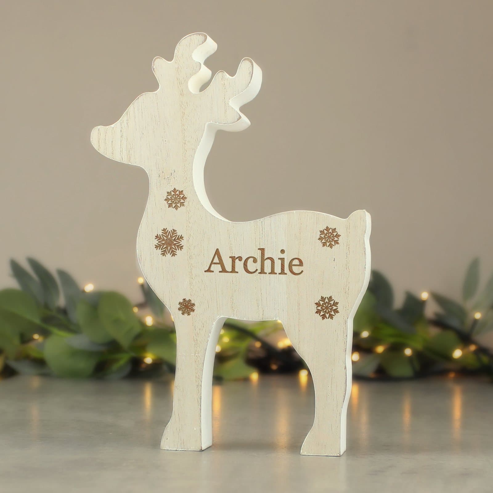 Rustic wooden reindeer Christmas decoration with a personalised name
