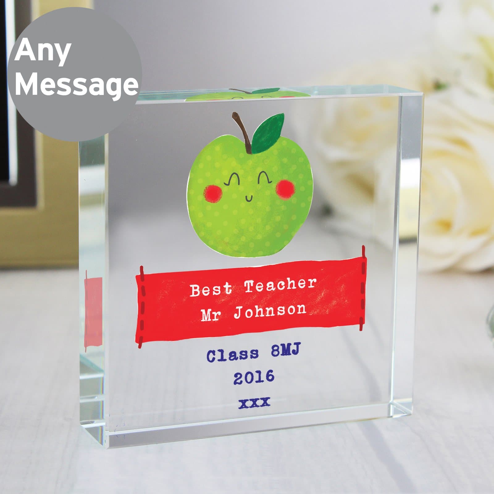 Large crystal token with a Happy Apple design and personalised lines of text