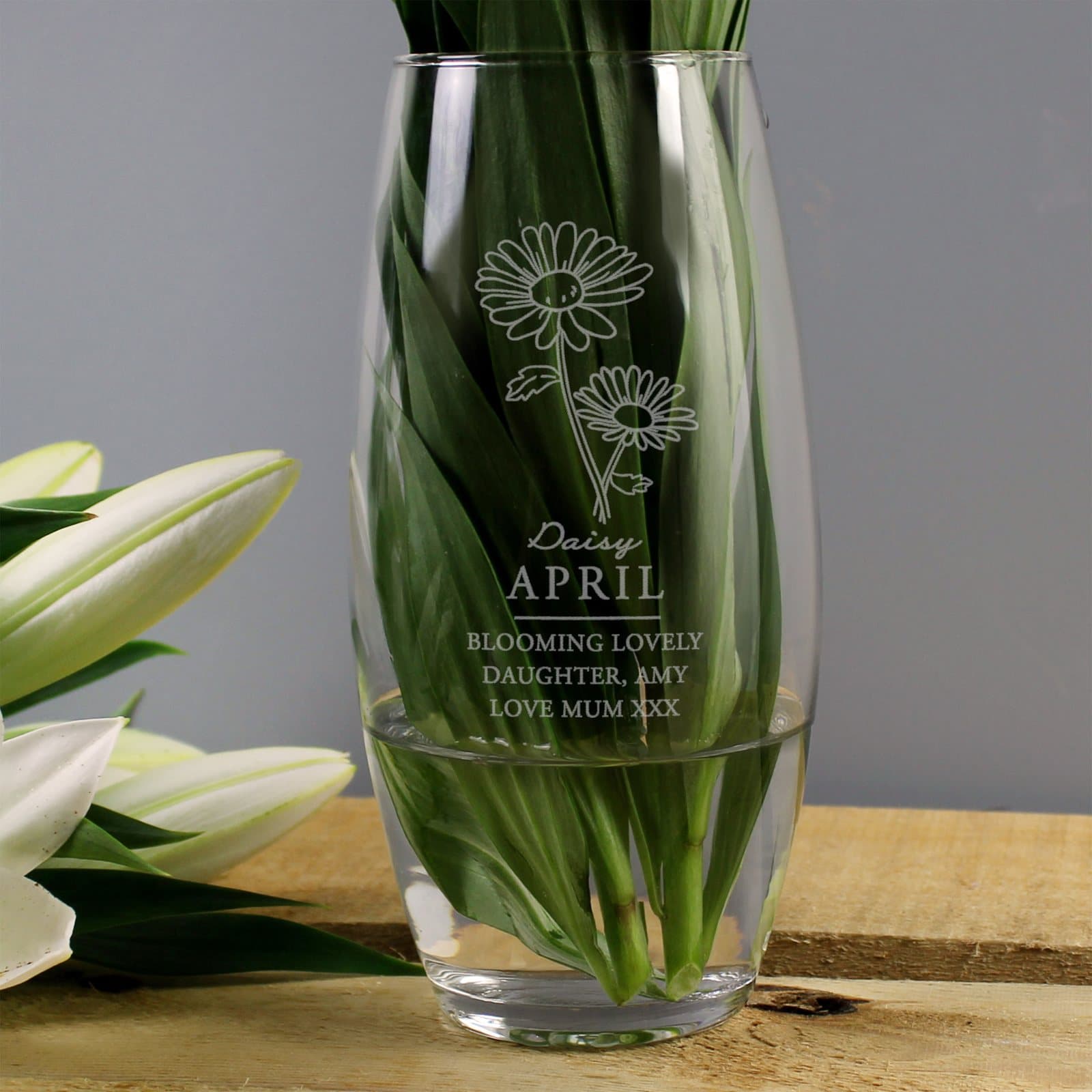 Glass bullet vase with a daisy illustration and personalised message lines