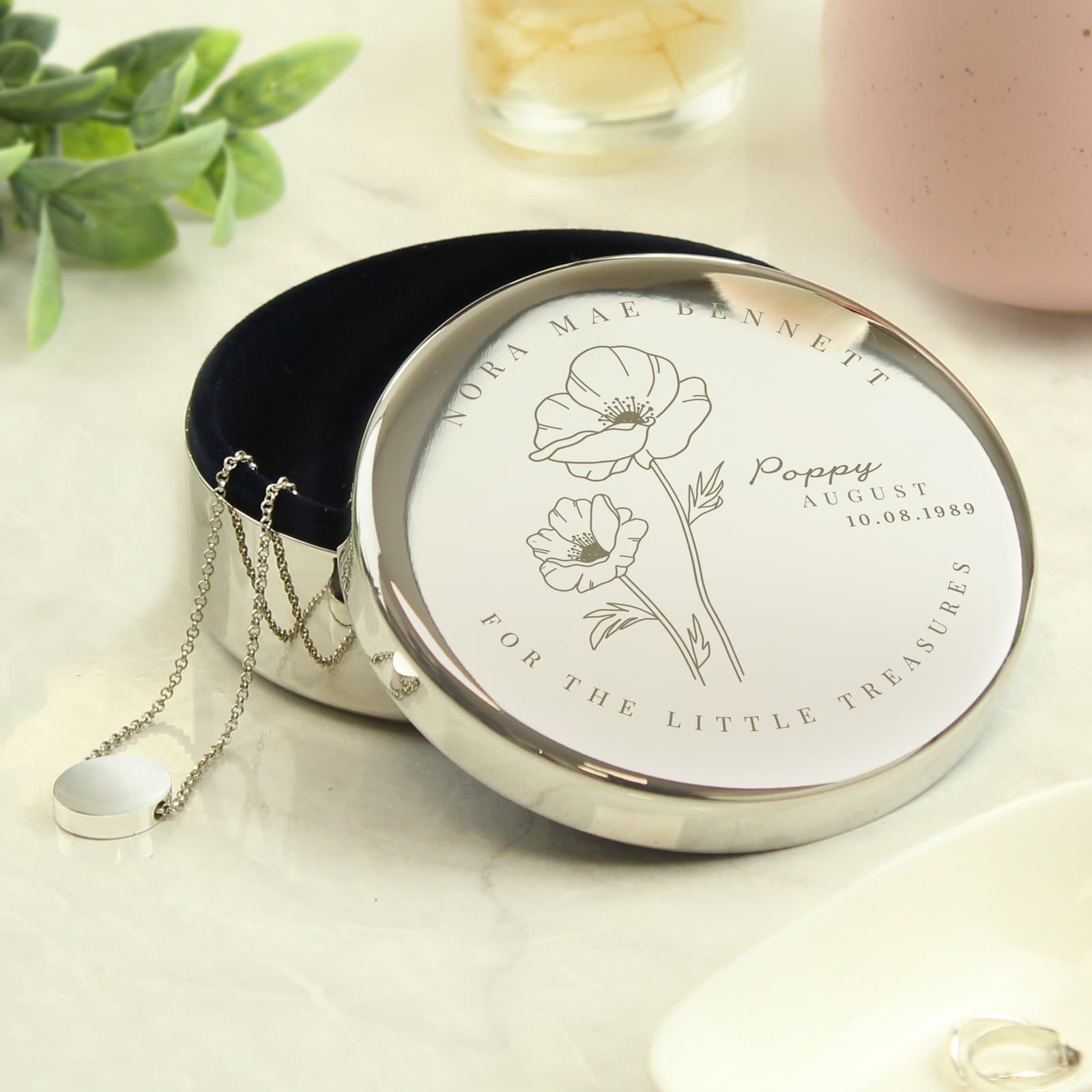 August birth flower round trinket box with a poppy illustration