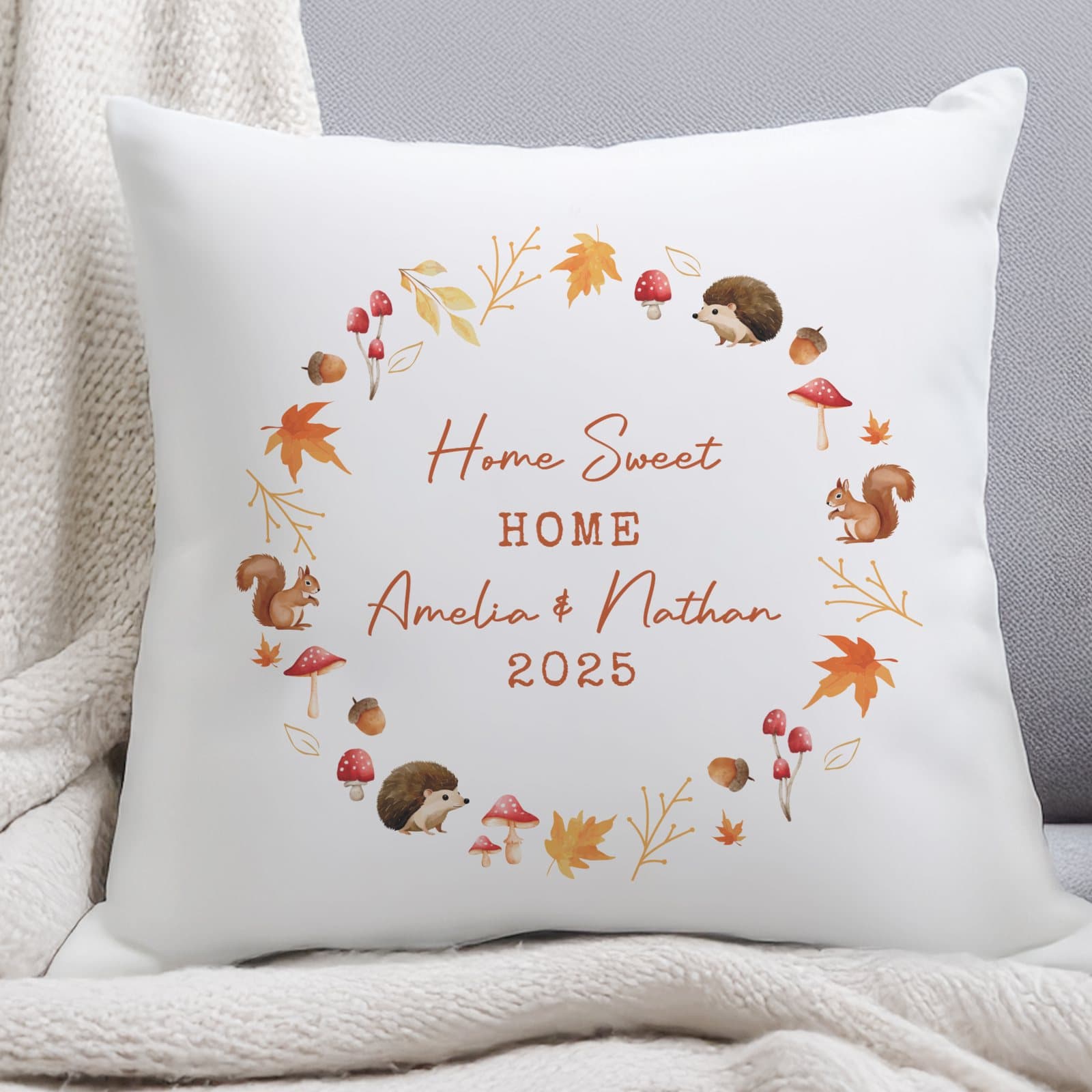 Autumn cushion with a wreath of autumn illustrations around four lines of text