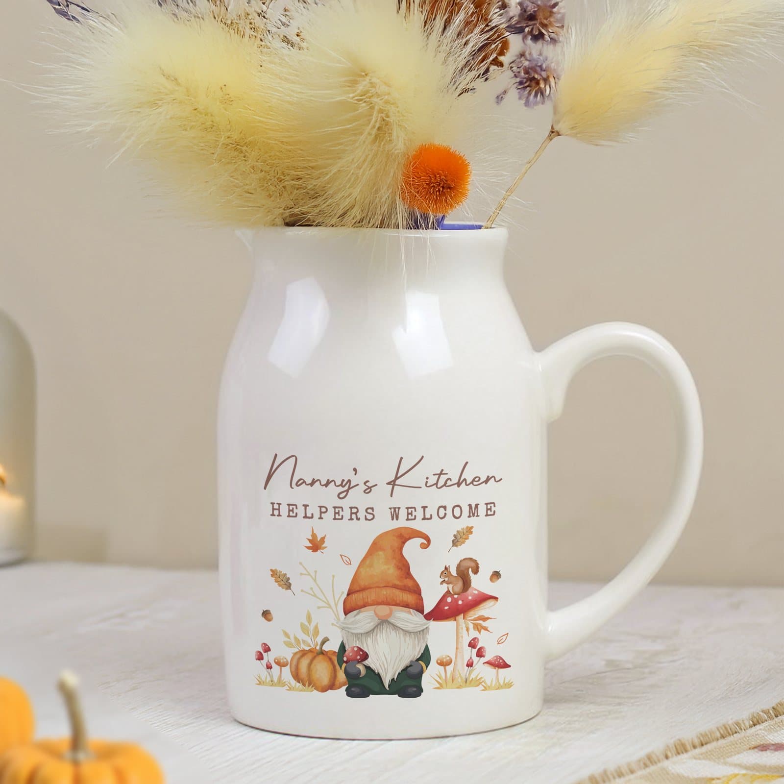 Ceramic autumn gonk flower jug vase with personalised text