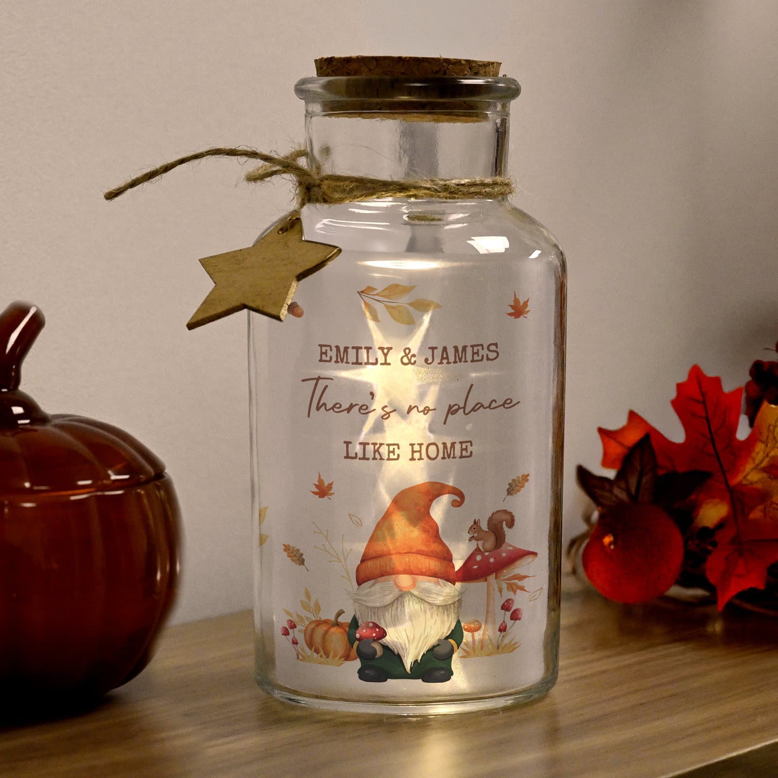 Glass LED light up jar with autumn gonk design