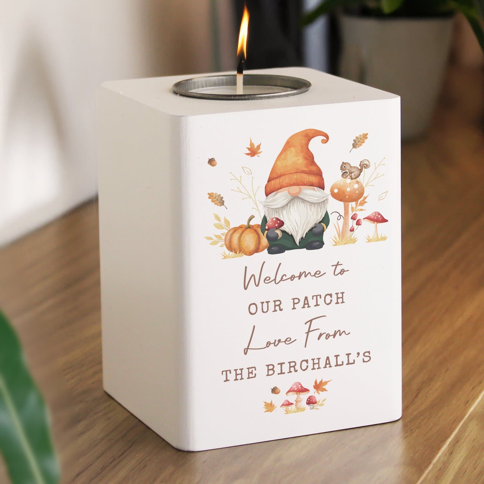 Painted wooden autumn gonk tealight holder