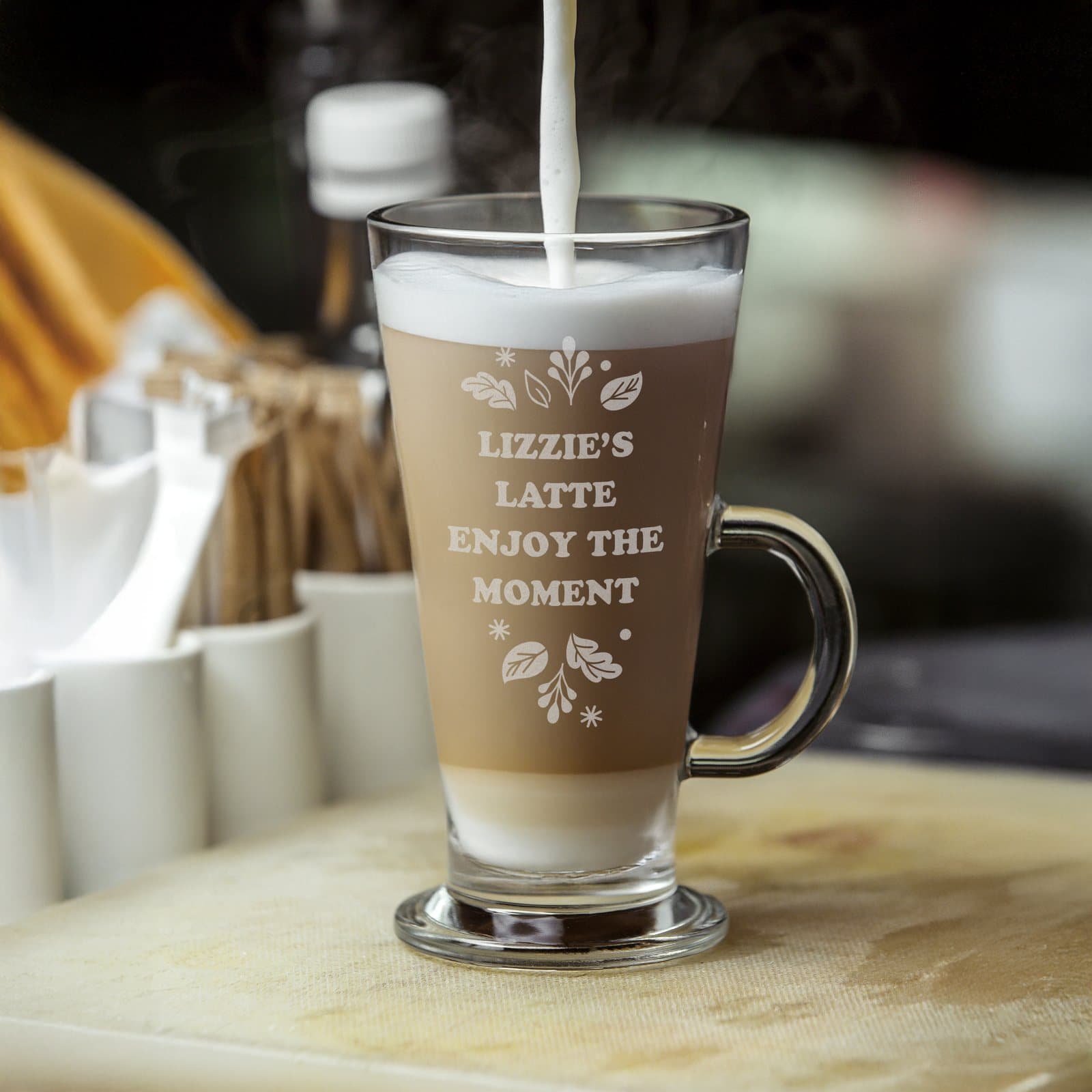 Personalised autumn latte glass with a message
