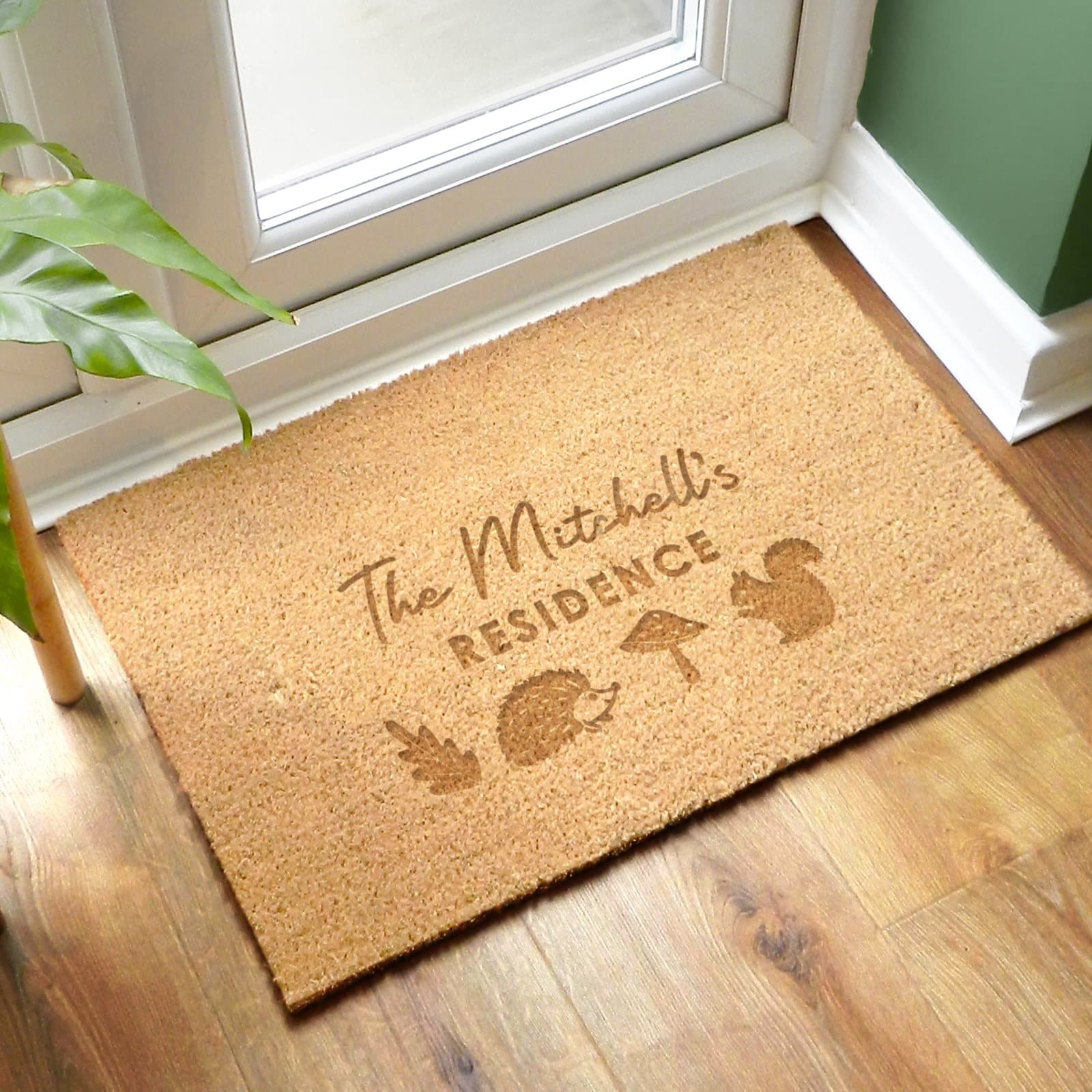 Rectangle coir doormat with an autumnal design and personalised text