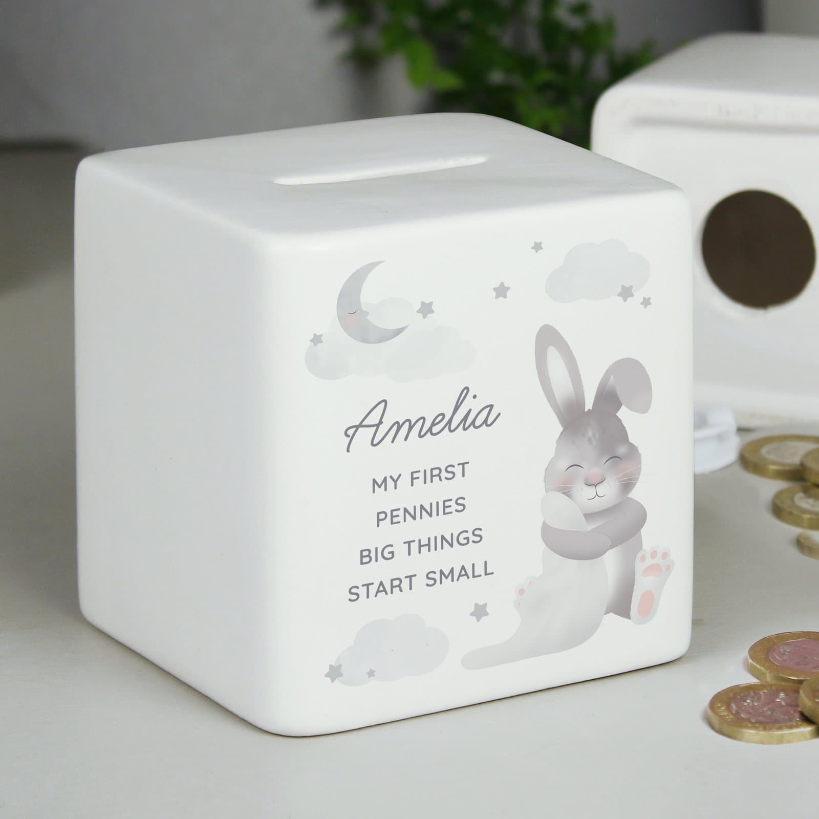 Square ceramic baby bunny money box with personalised text on the front