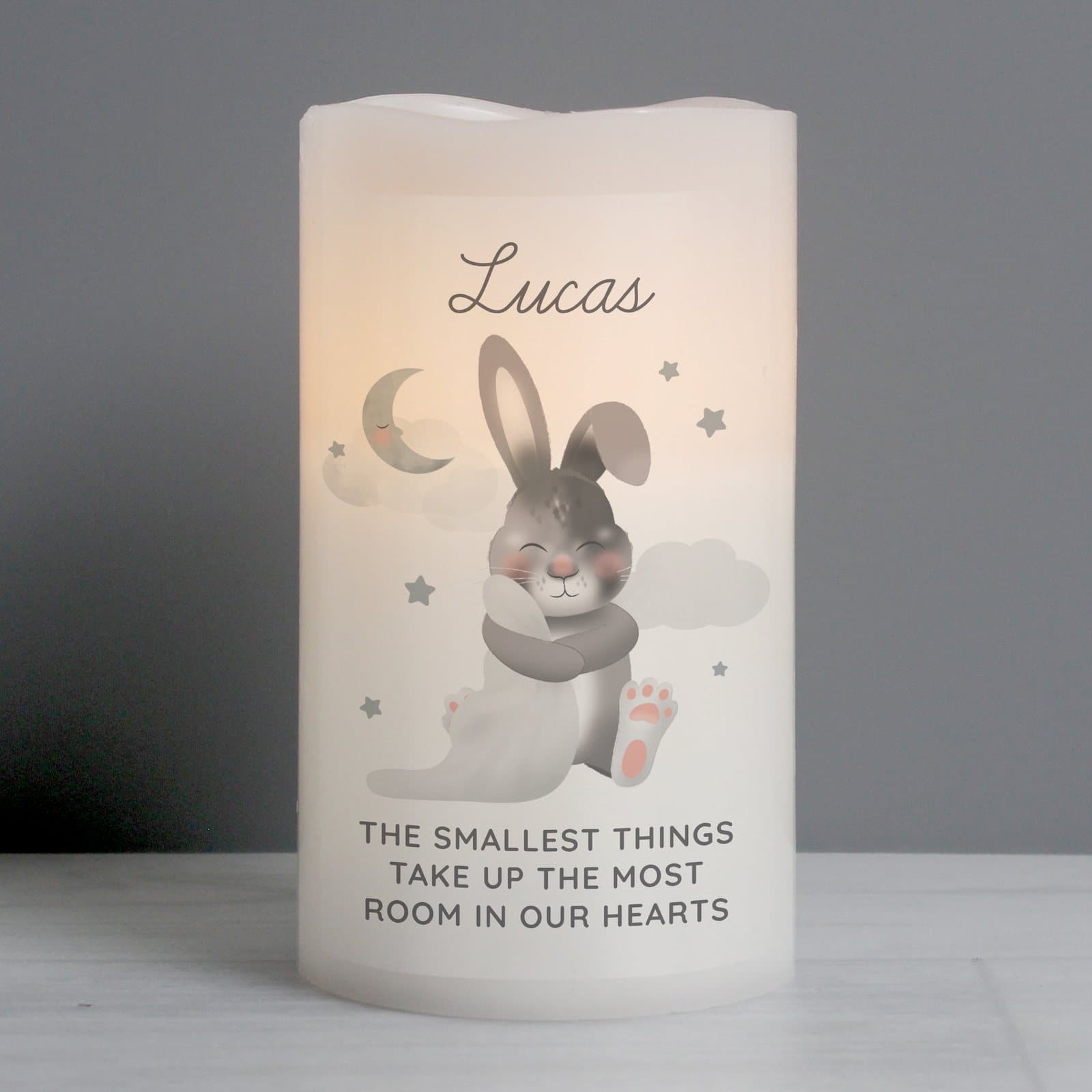 Baby bunny LED candle personalised with a name and message, in an organza bag