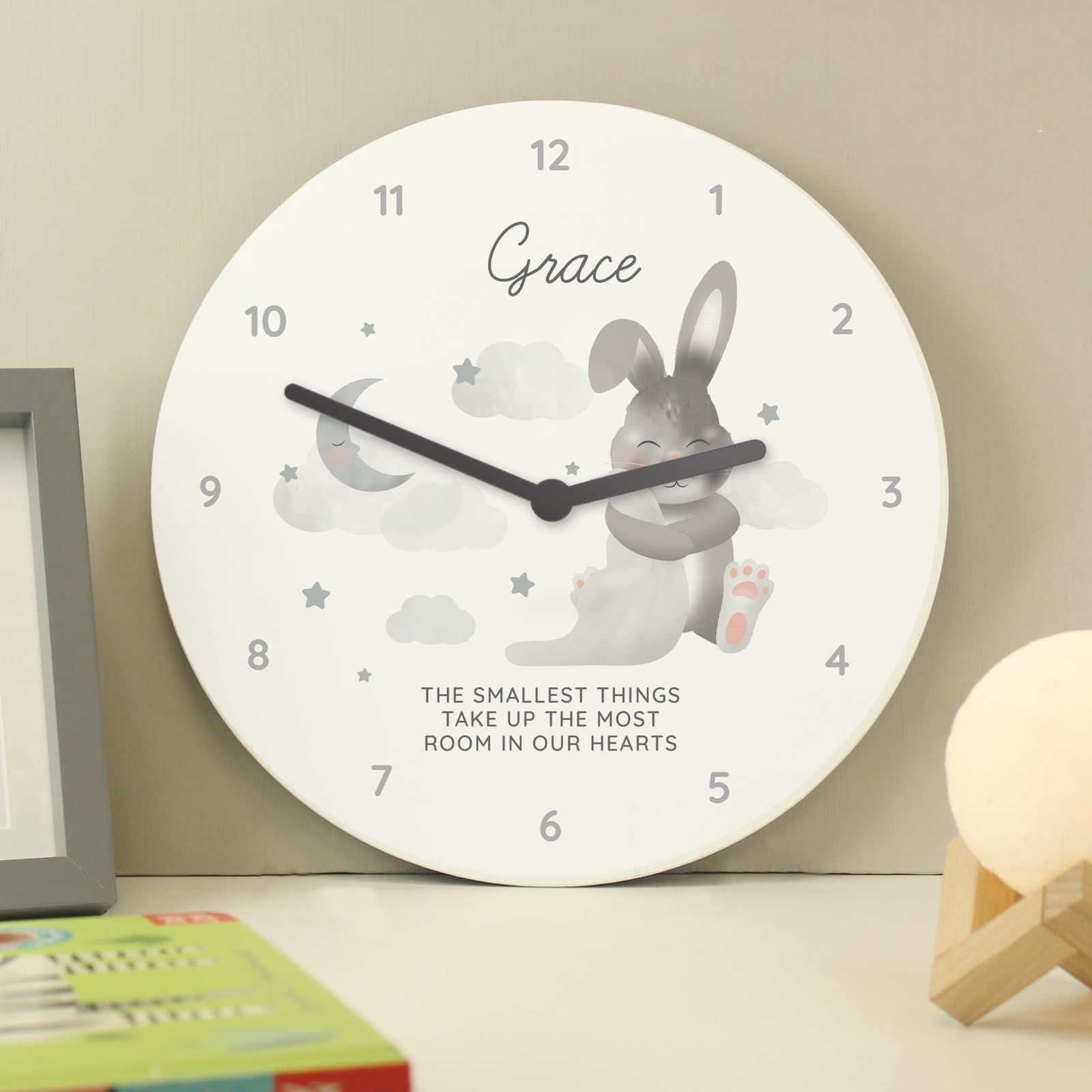 Personalised baby bunny white wooden clock