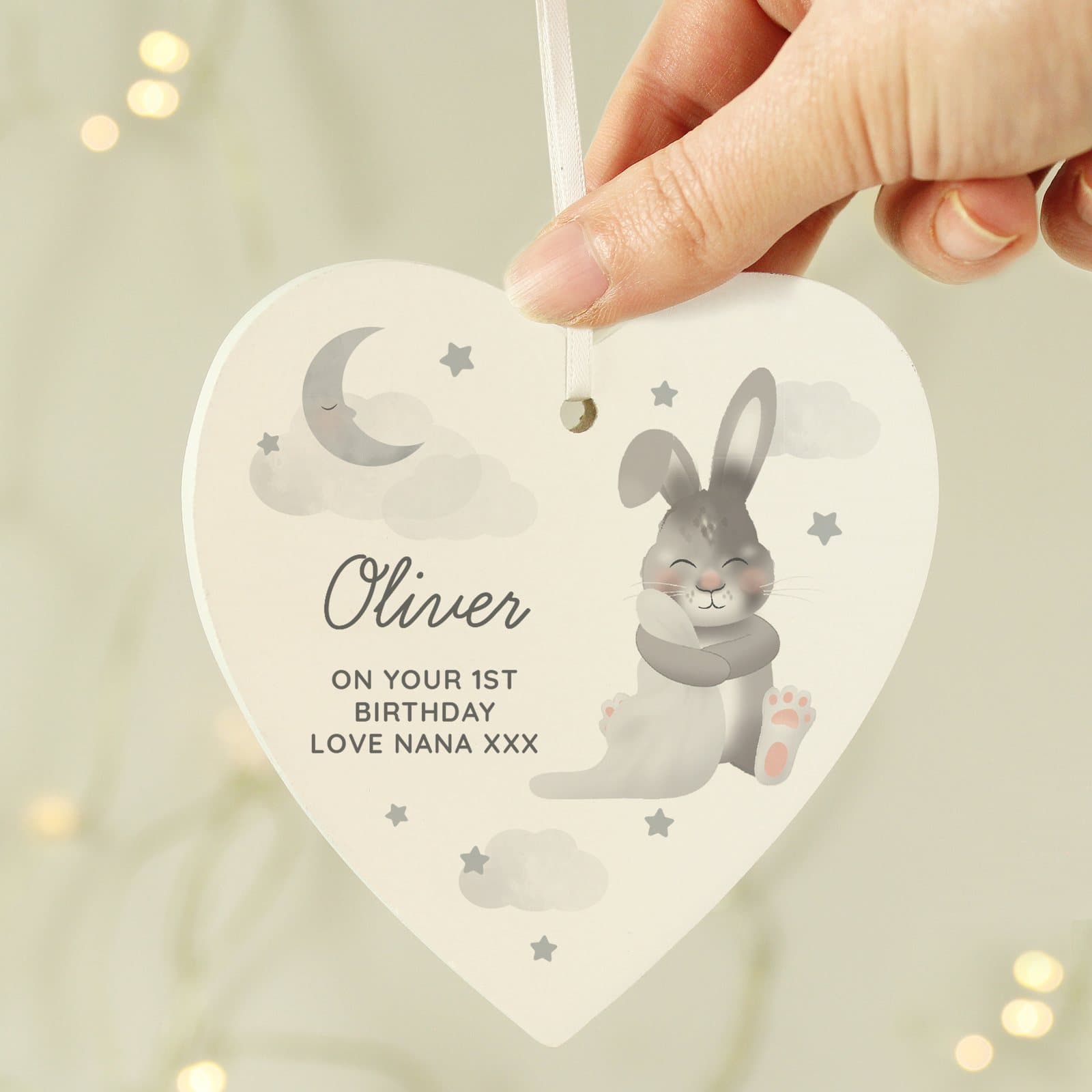 Wooden heart decoration with a baby bunny and ribbon