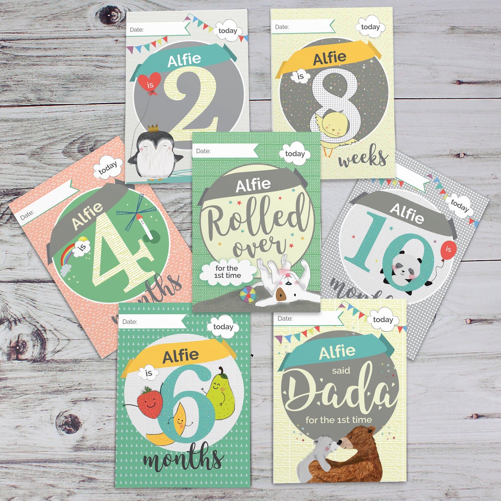 Pack of personalised baby milestone cards