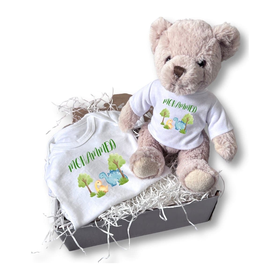 Personalised baby dinosaurs gift box with a teddy bear and a baby vest