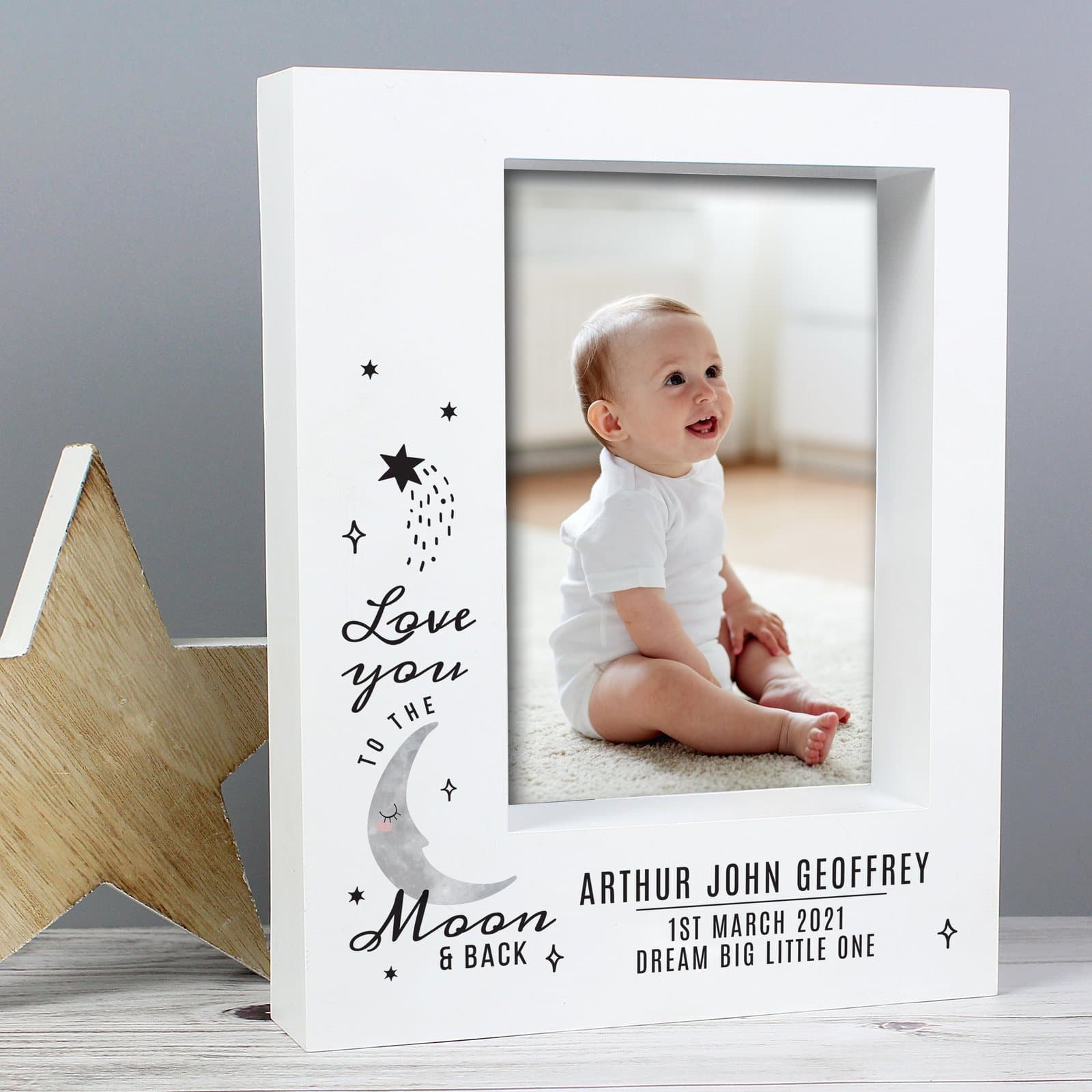 Plastic 5x7 box photo frame with Love you to the moon & back text