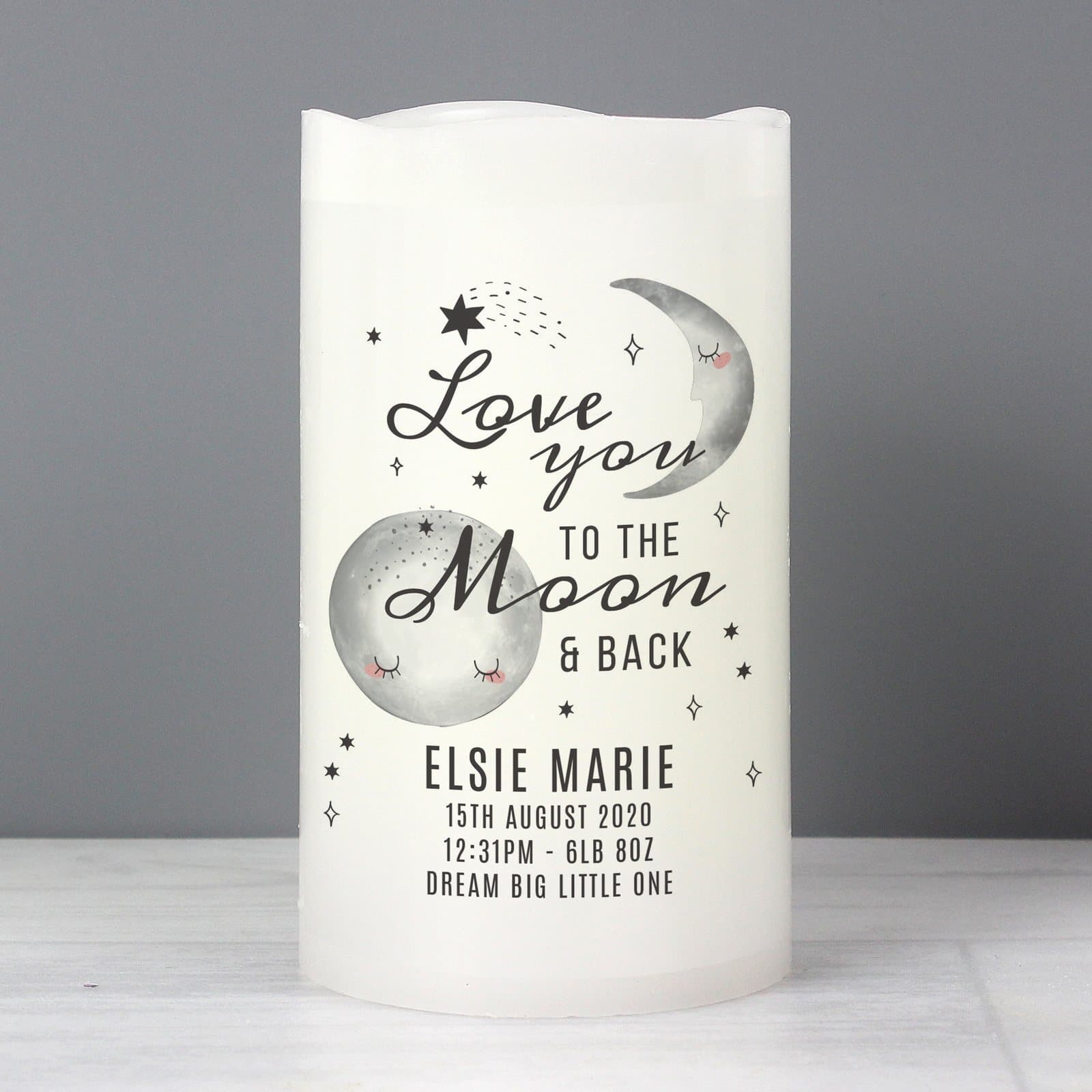 LED night light candle personalised with four lines, in an organza bag