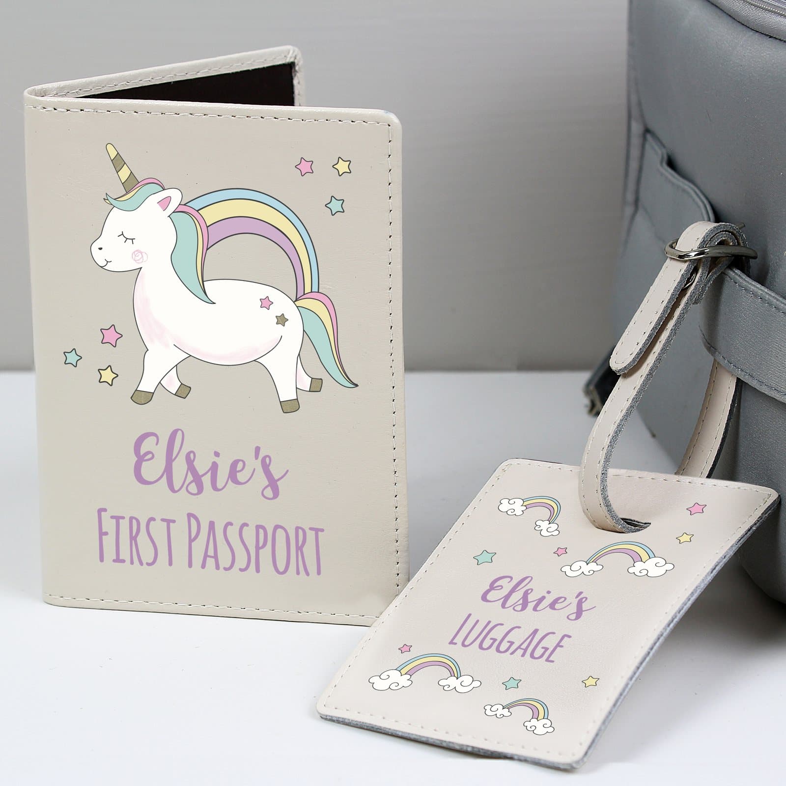 Cream leather baby unicorn passport holder and luggage tag set