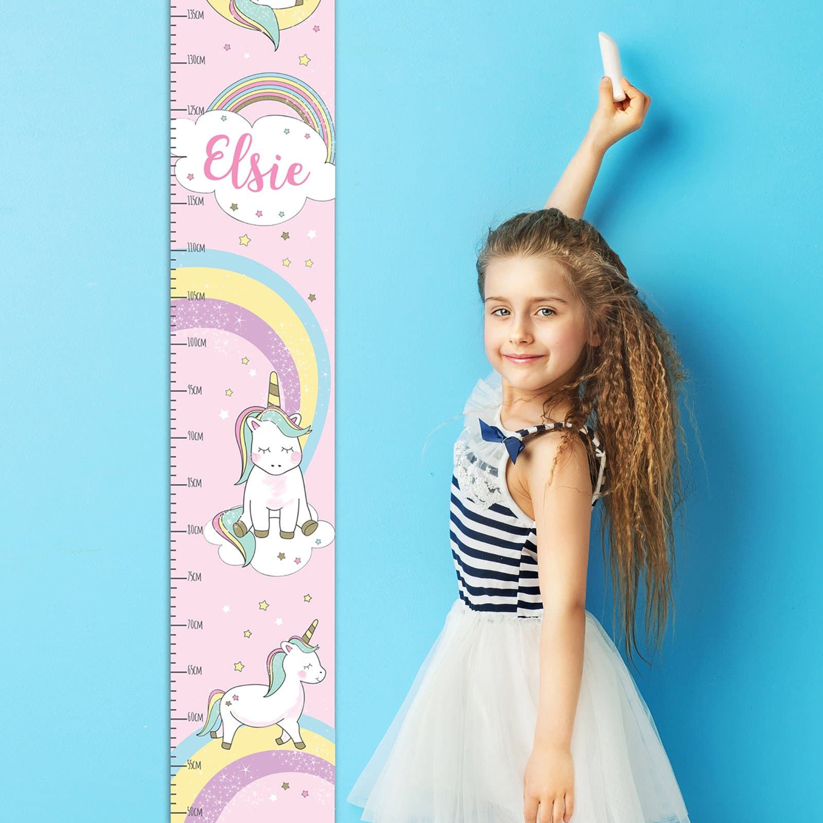 Personalised baby unicorn height chart with a child's name