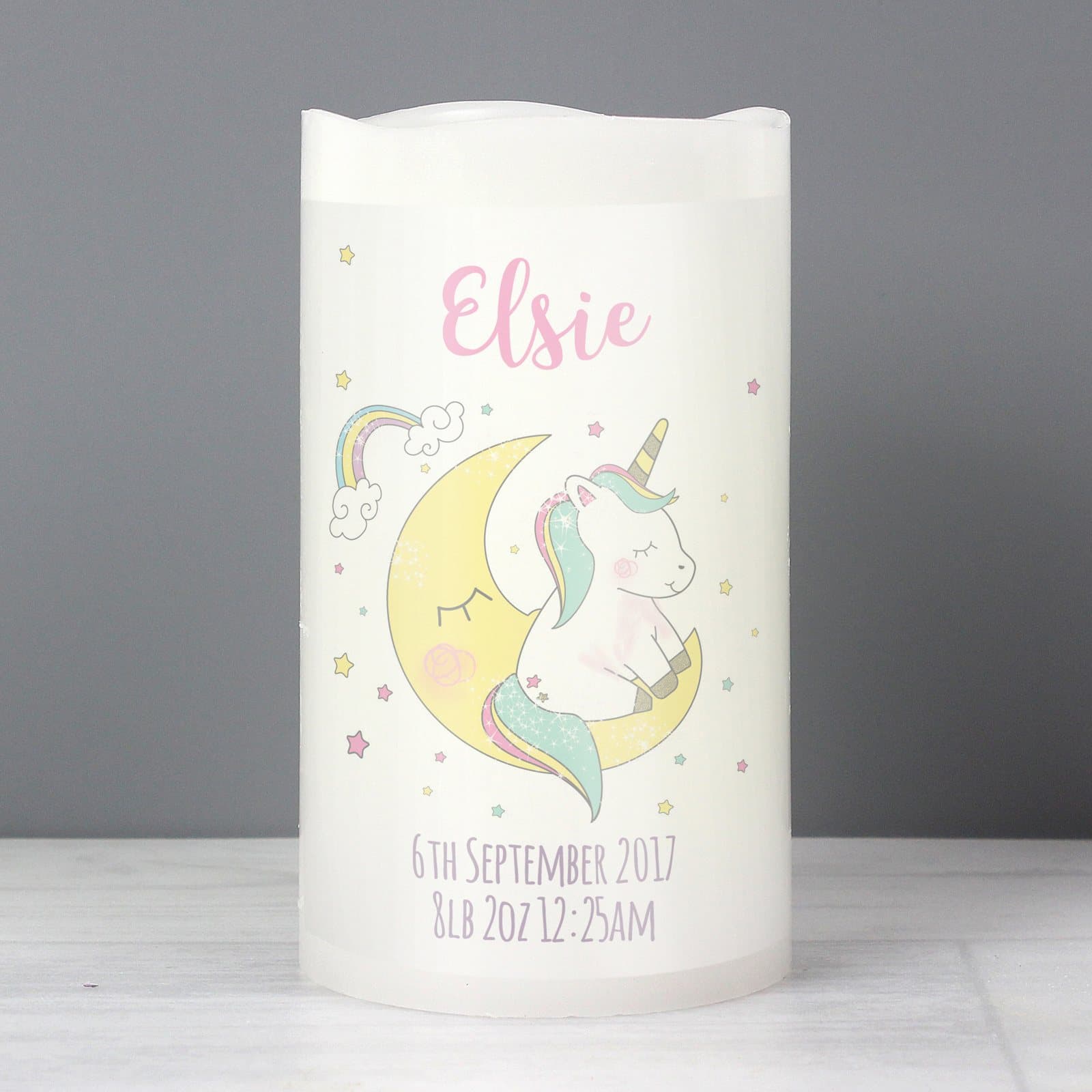 Baby unicorn nightlight LED candle personalised with a name, in an organza bag