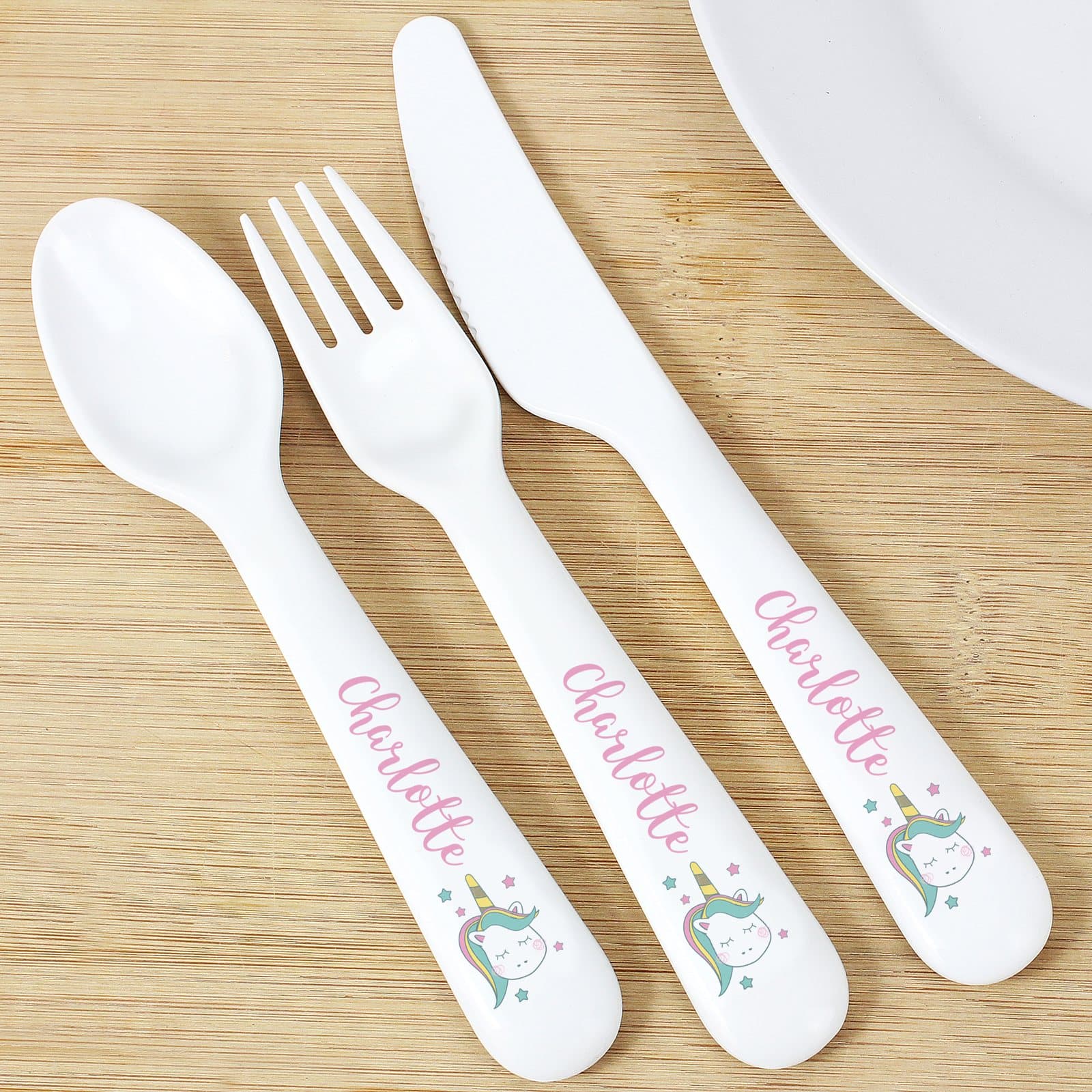 Personalised baby unicorn plastic cutlery set with spoon, knife and fork