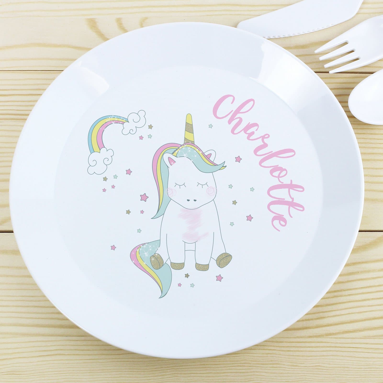 Personalised baby unicorn plastic plate for children