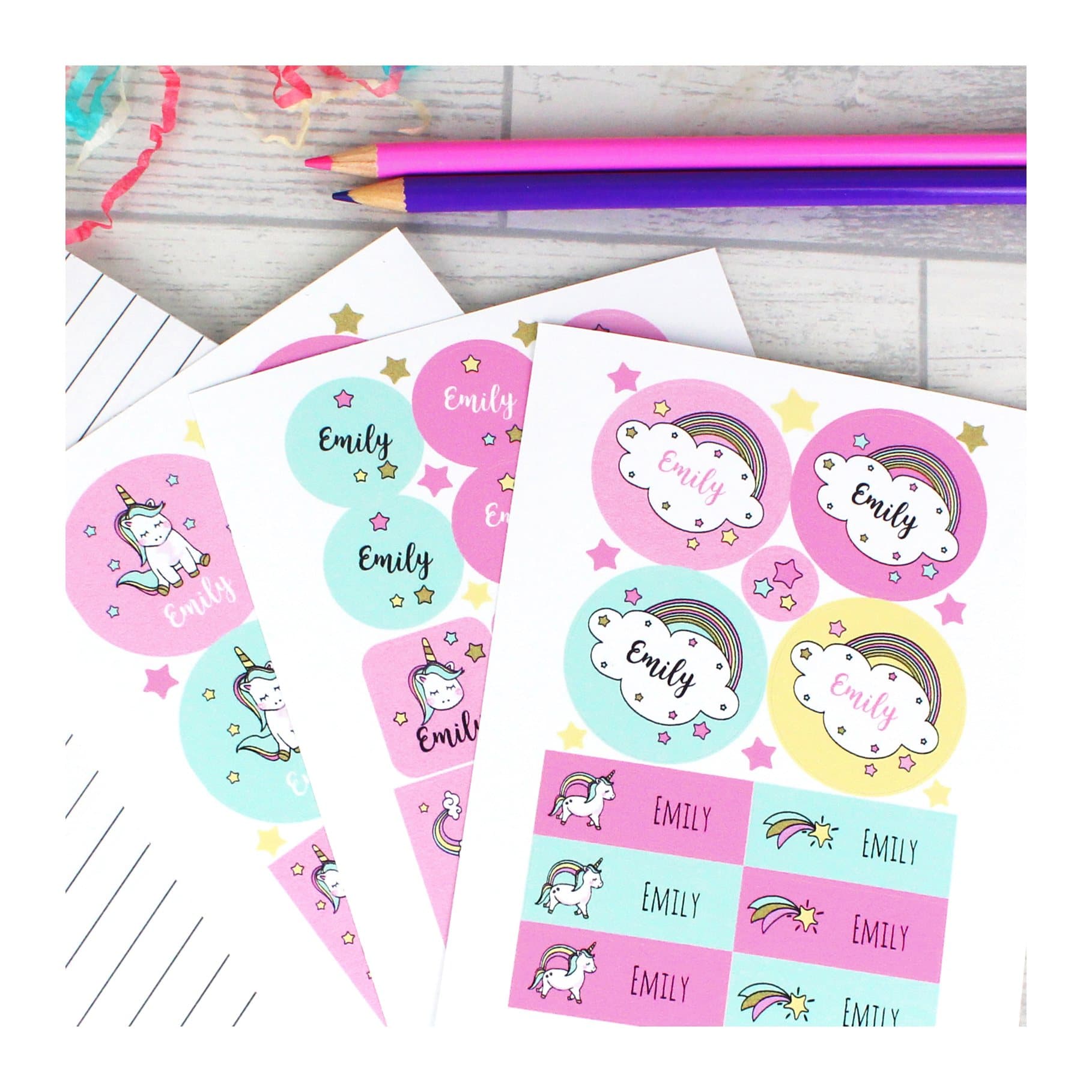 Personalised baby unicorn sticker set with high gloss sticker sheets