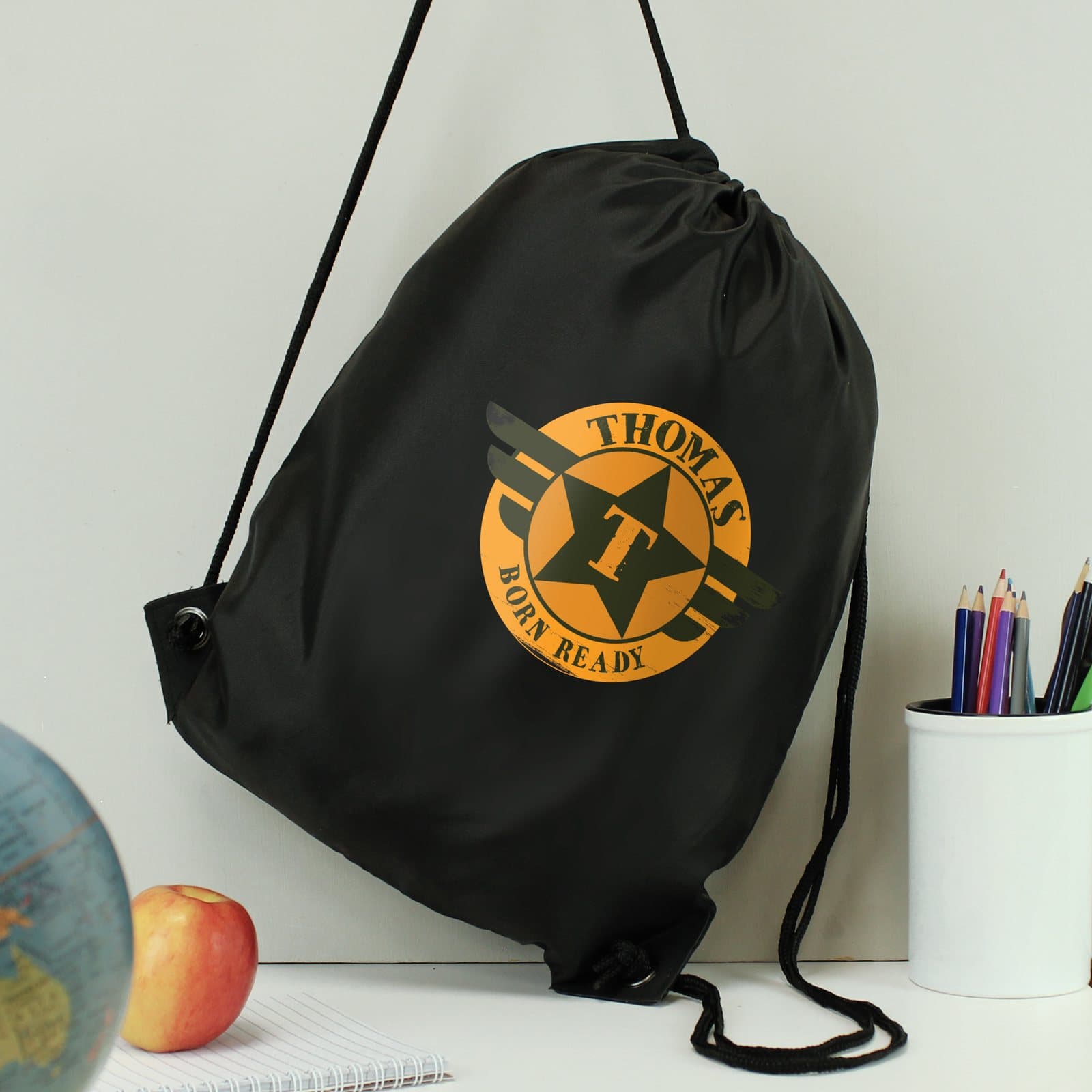 Personalised badge black drawstring kit bag with name and message