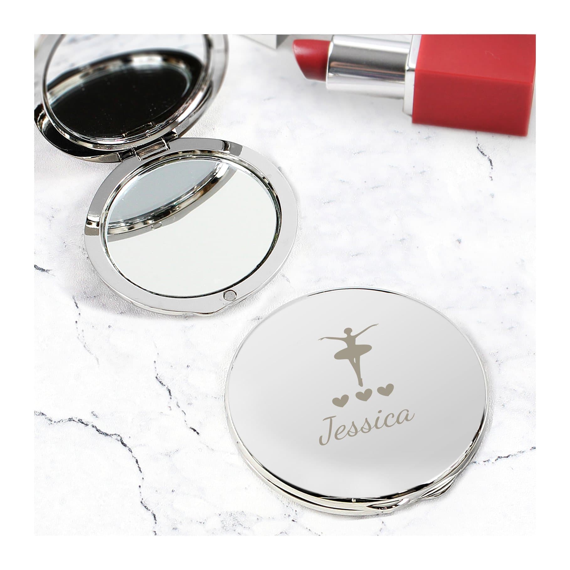 Nickel plated compact mirror with a ballerina hearts design