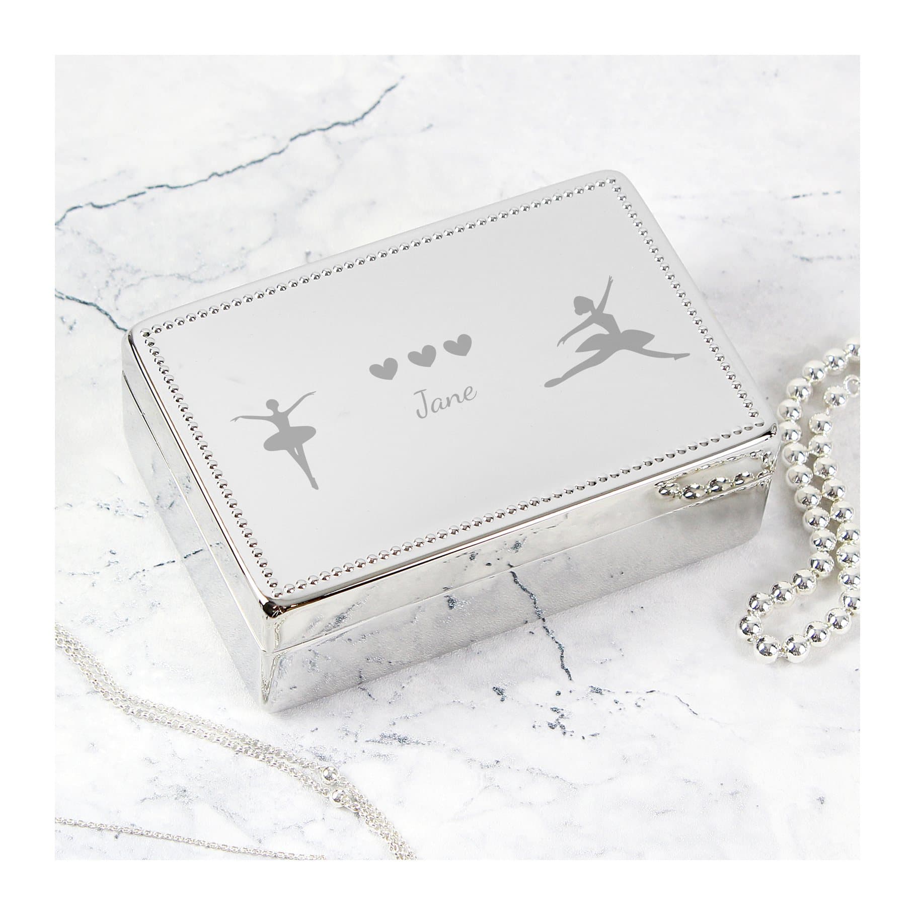 Rectangular nickel plated jewellery box with studded edge and ballerina design