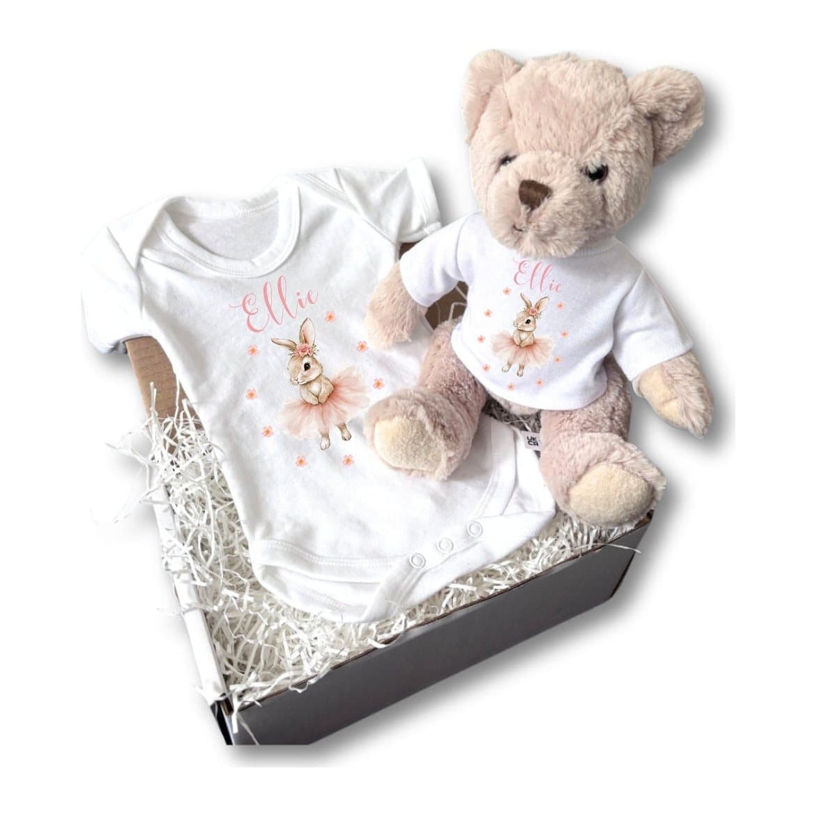 Personalised ballet bunny baby vest and teddy bear gift set