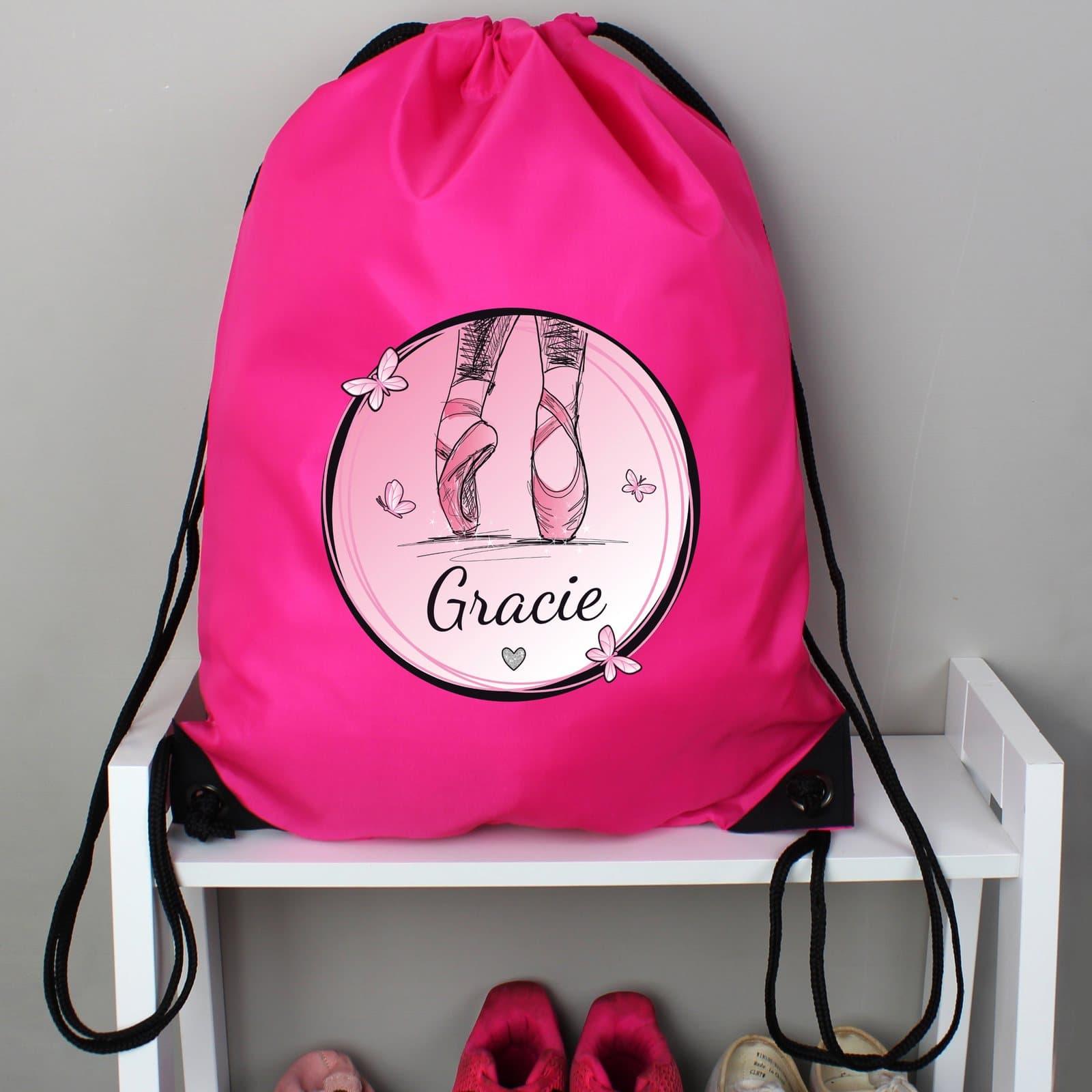 Personalised ballet pink drawstring kit bag with a name