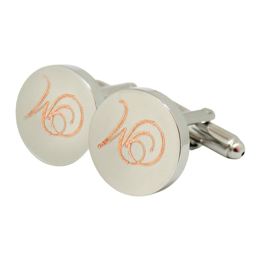 Personalised round cufflinks with a monogram script initial, silver coloured