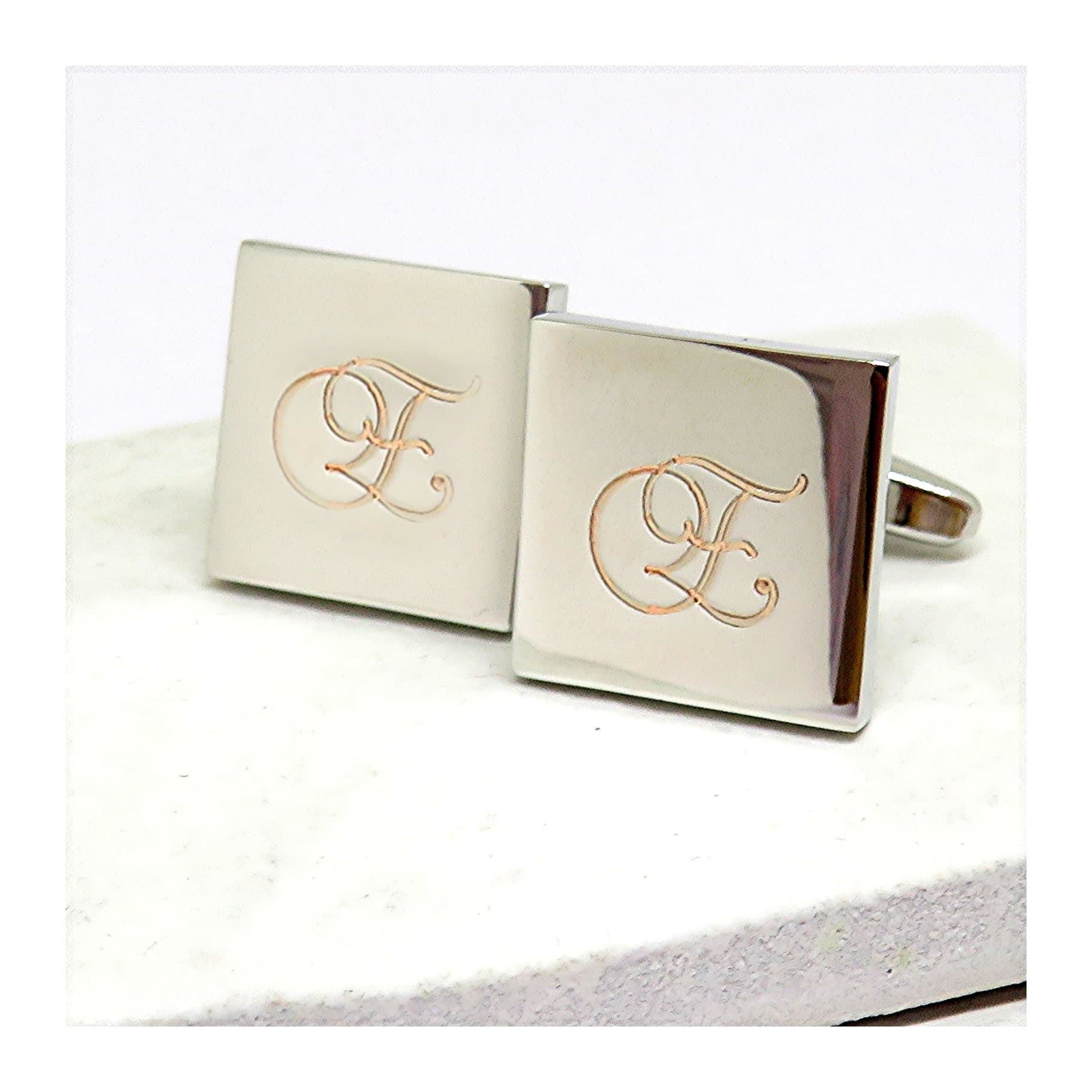 Personalised square cufflinks with a monogram initial, silver coloured