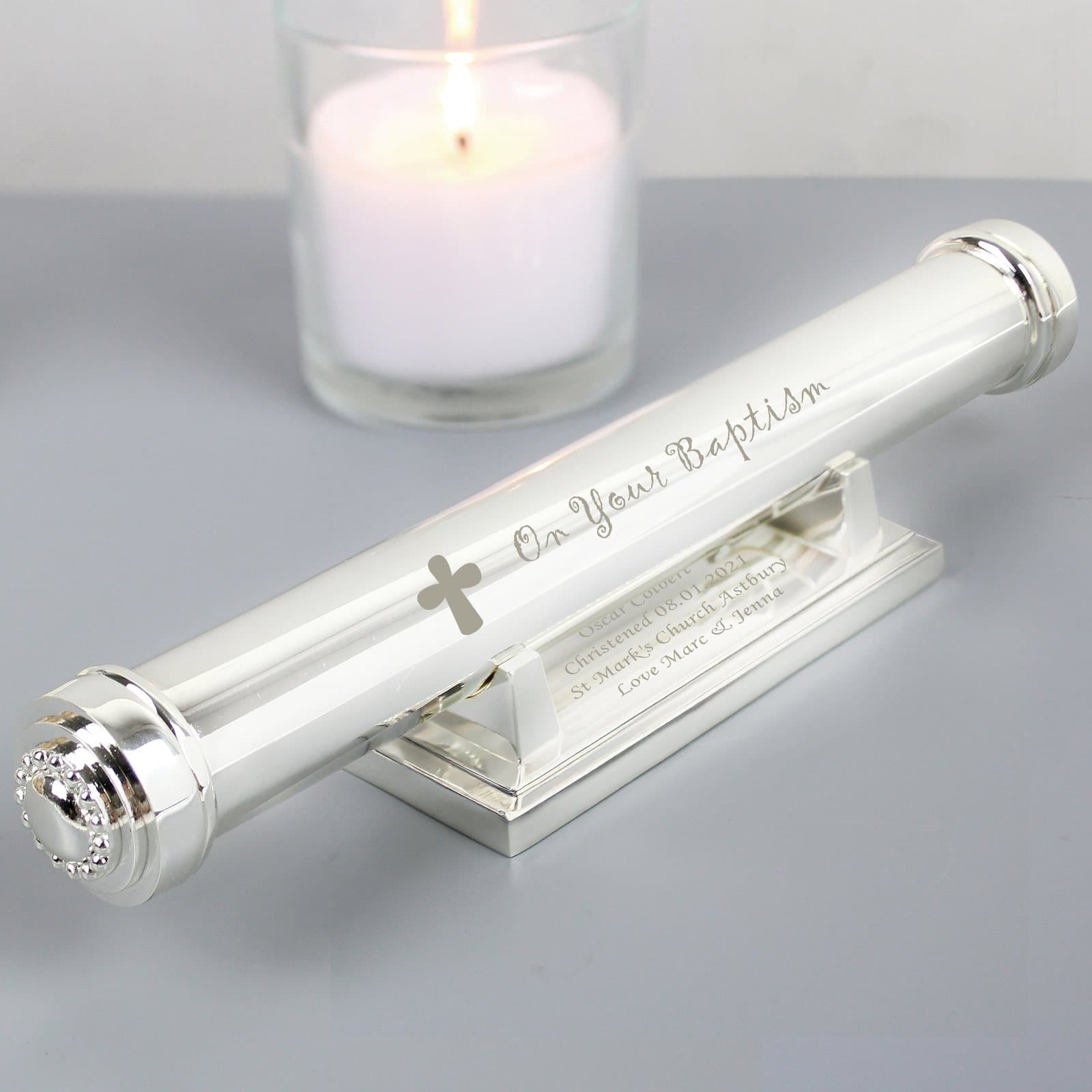 Silver plated baptism certificate holder stand with On Your Baptism wording