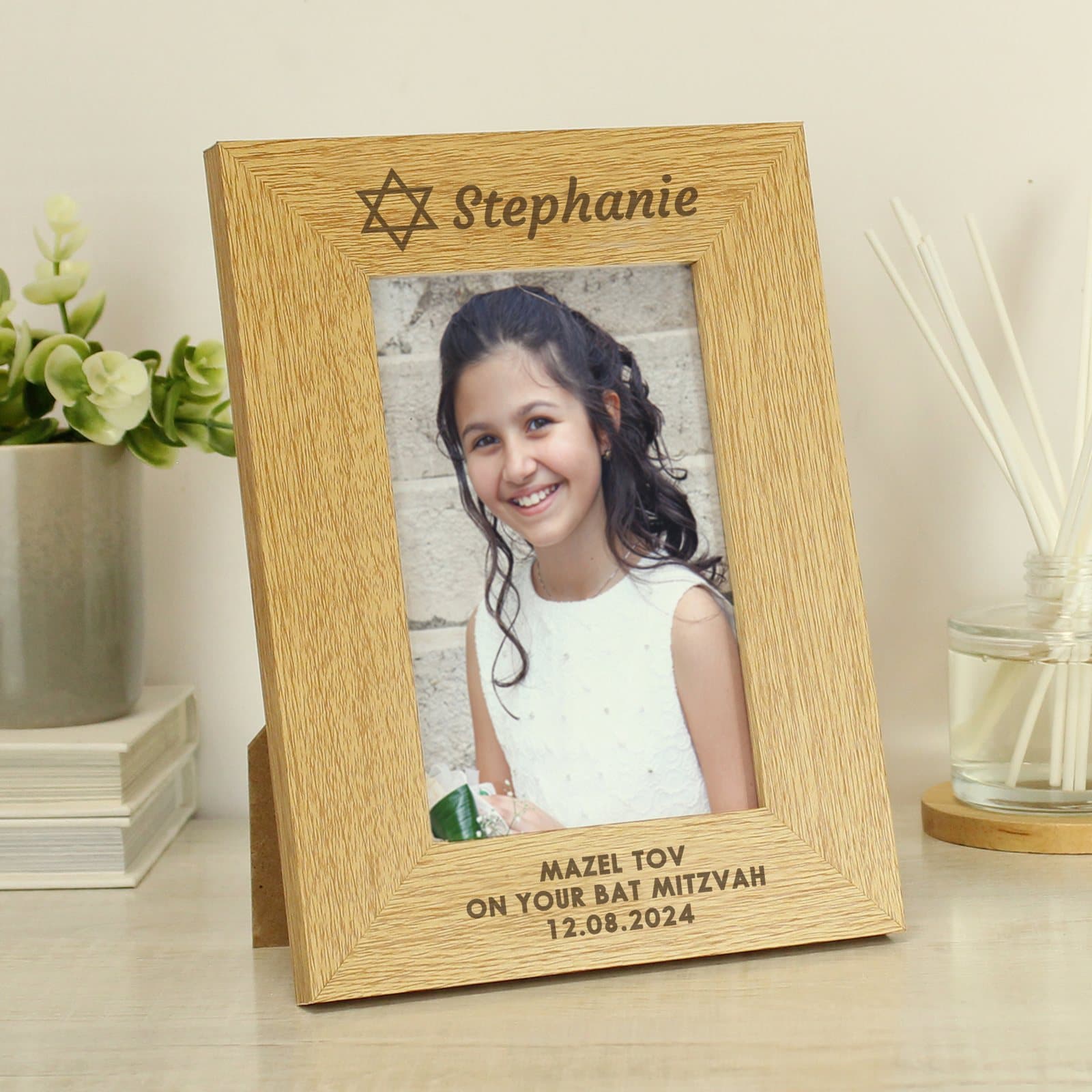 Portrait photo frame with an oak veneer finish for a Bar or Bat Mitzvah