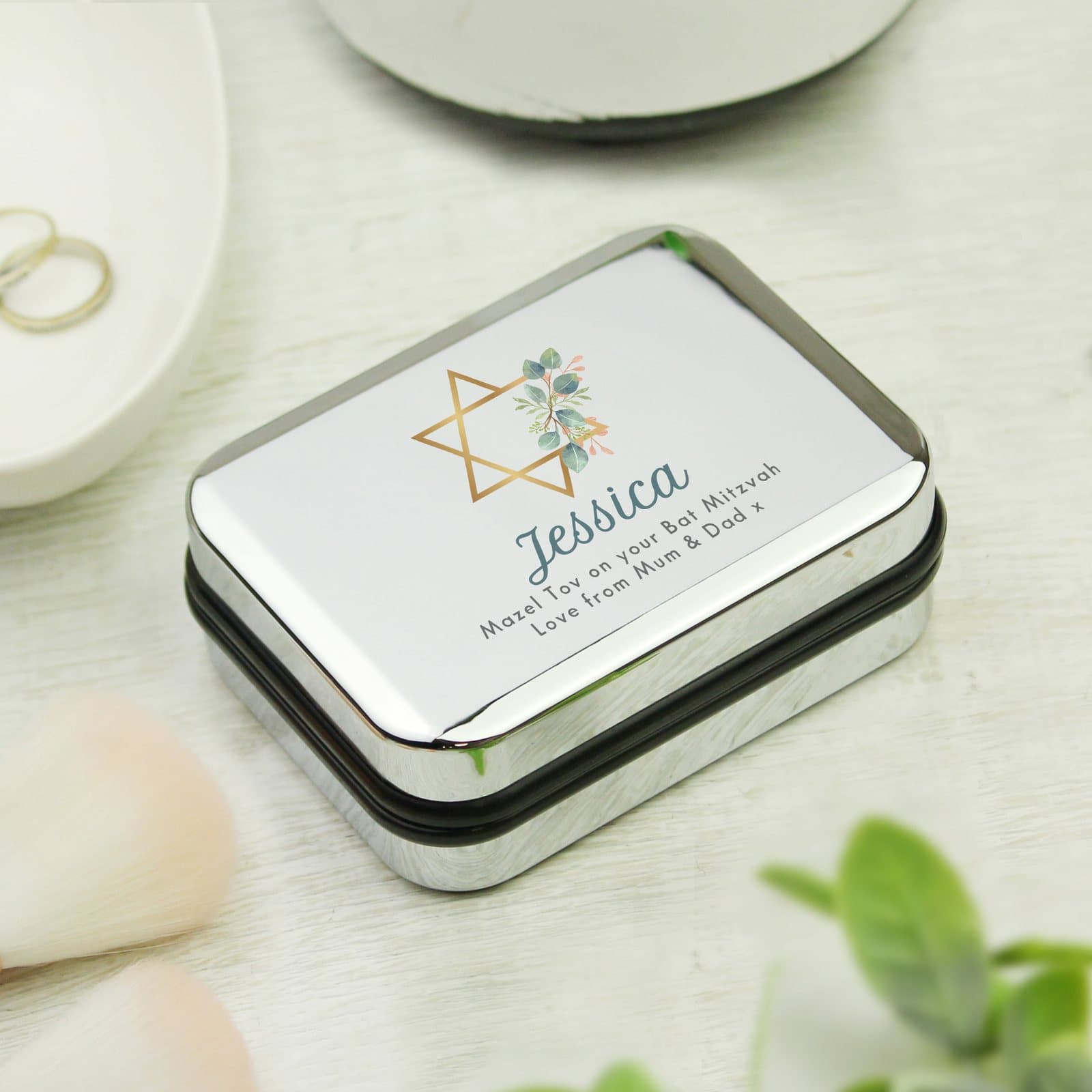 Chrome necklace gift box personalised with a three-line message