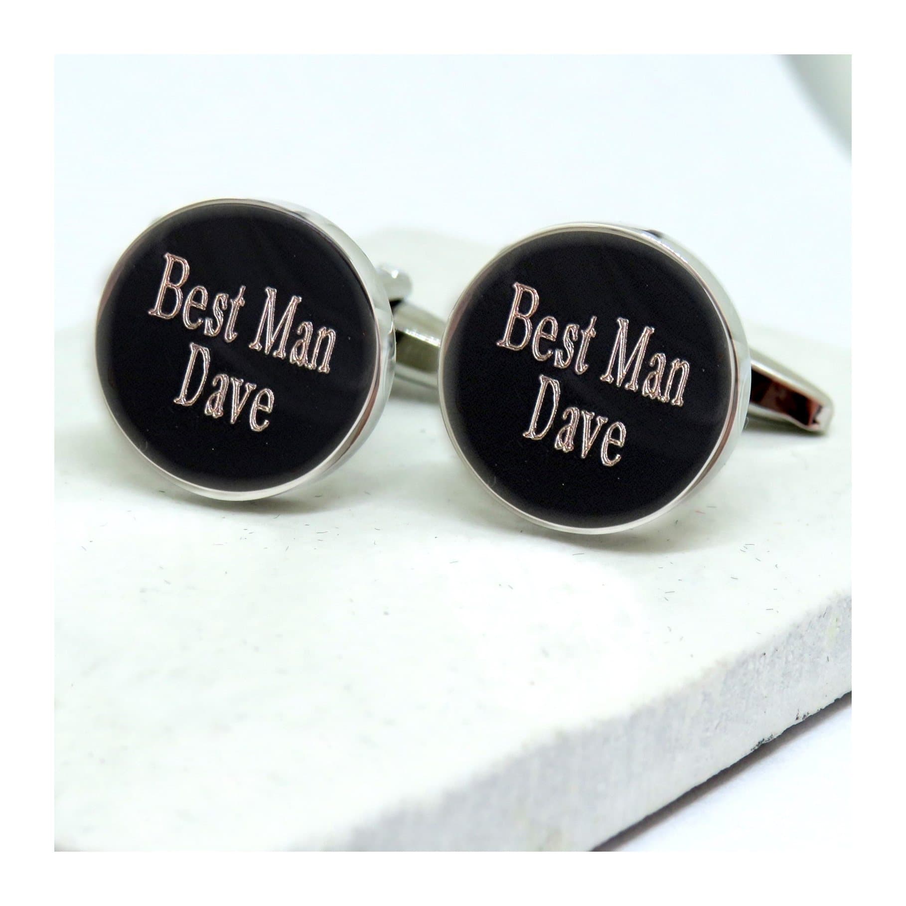 Round silver coloured personalised best man cufflinks, engraved with a name.