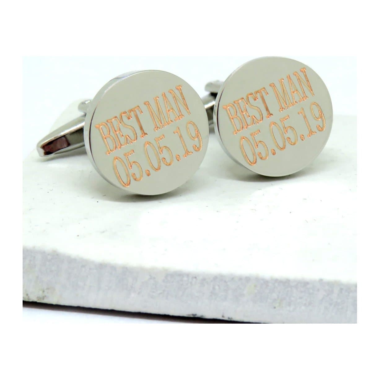 Personalised silver cufflinks with a name engraved, 18 mm across