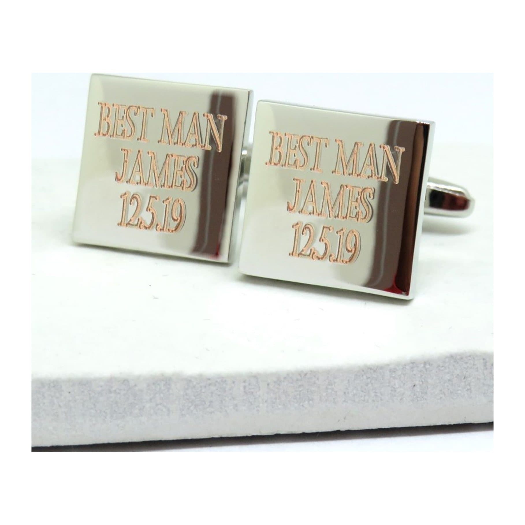 Square silver coloured personalised cufflinks for a best man
