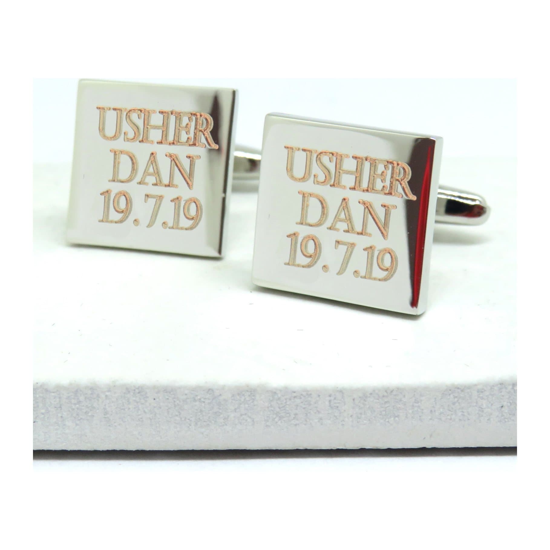 Personalised square wedding cufflinks in a silver coloured finish