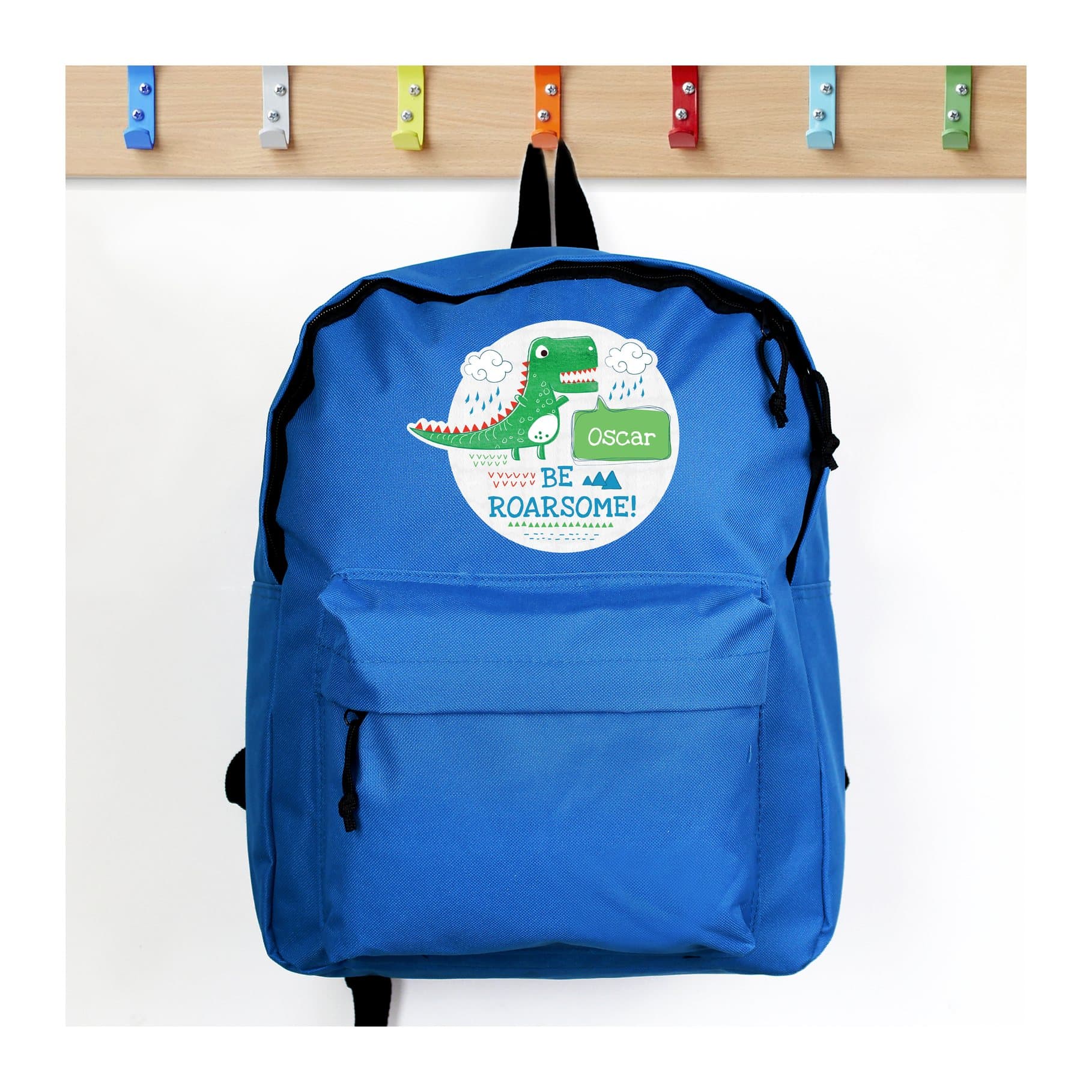 Personalised Be Roarsome dinosaur backpack with a first name