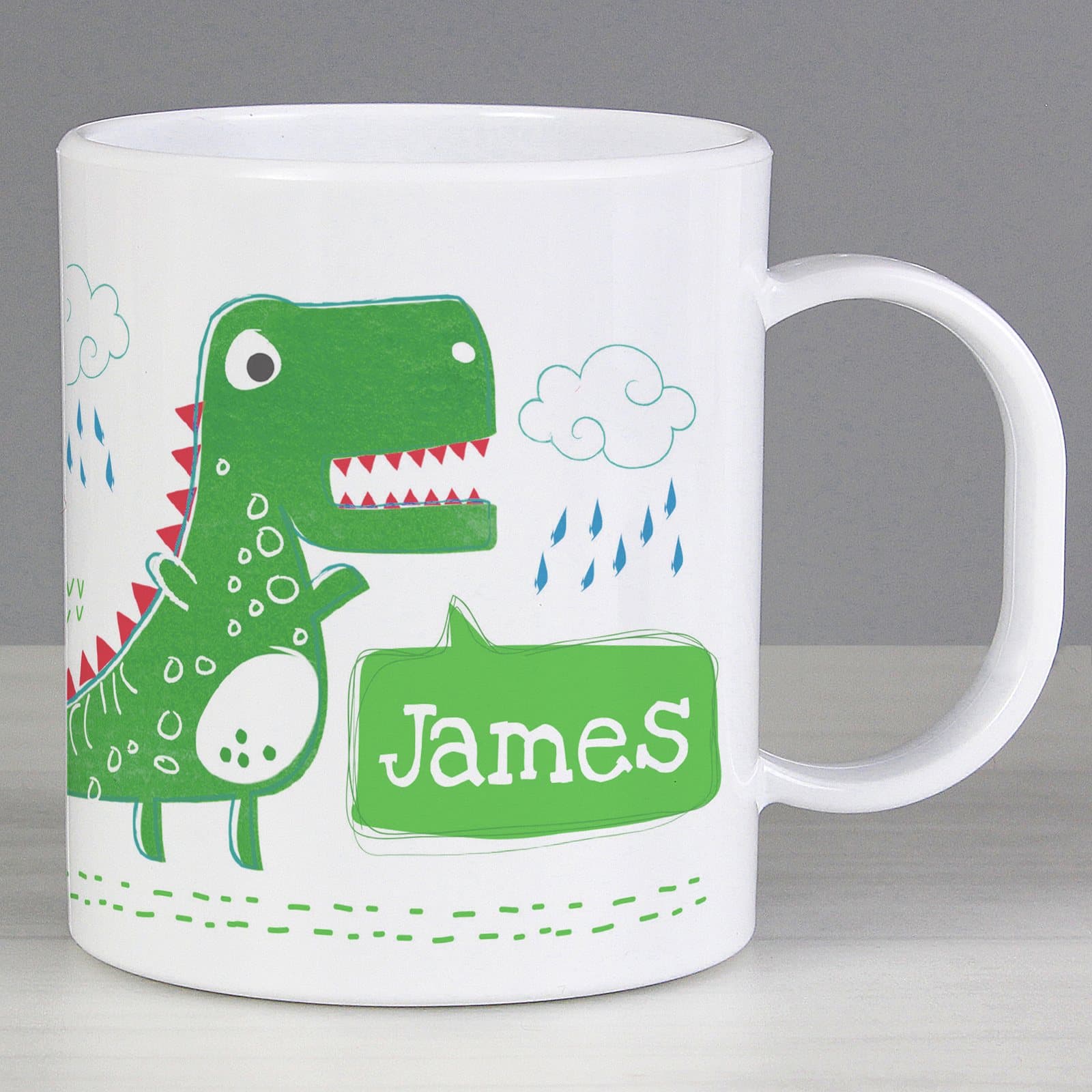 Dinosaur plastic mug personalised with a first name and Be Roarsome text