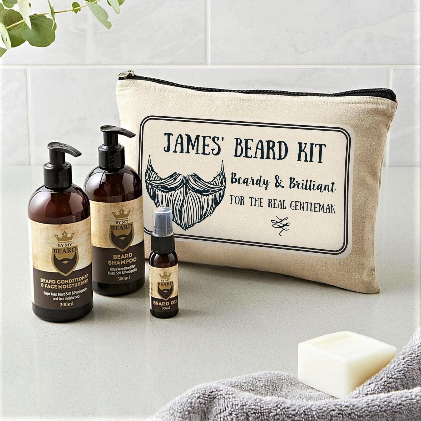 Personalised Beardy & Brilliant beard kit in a padded canvas bag