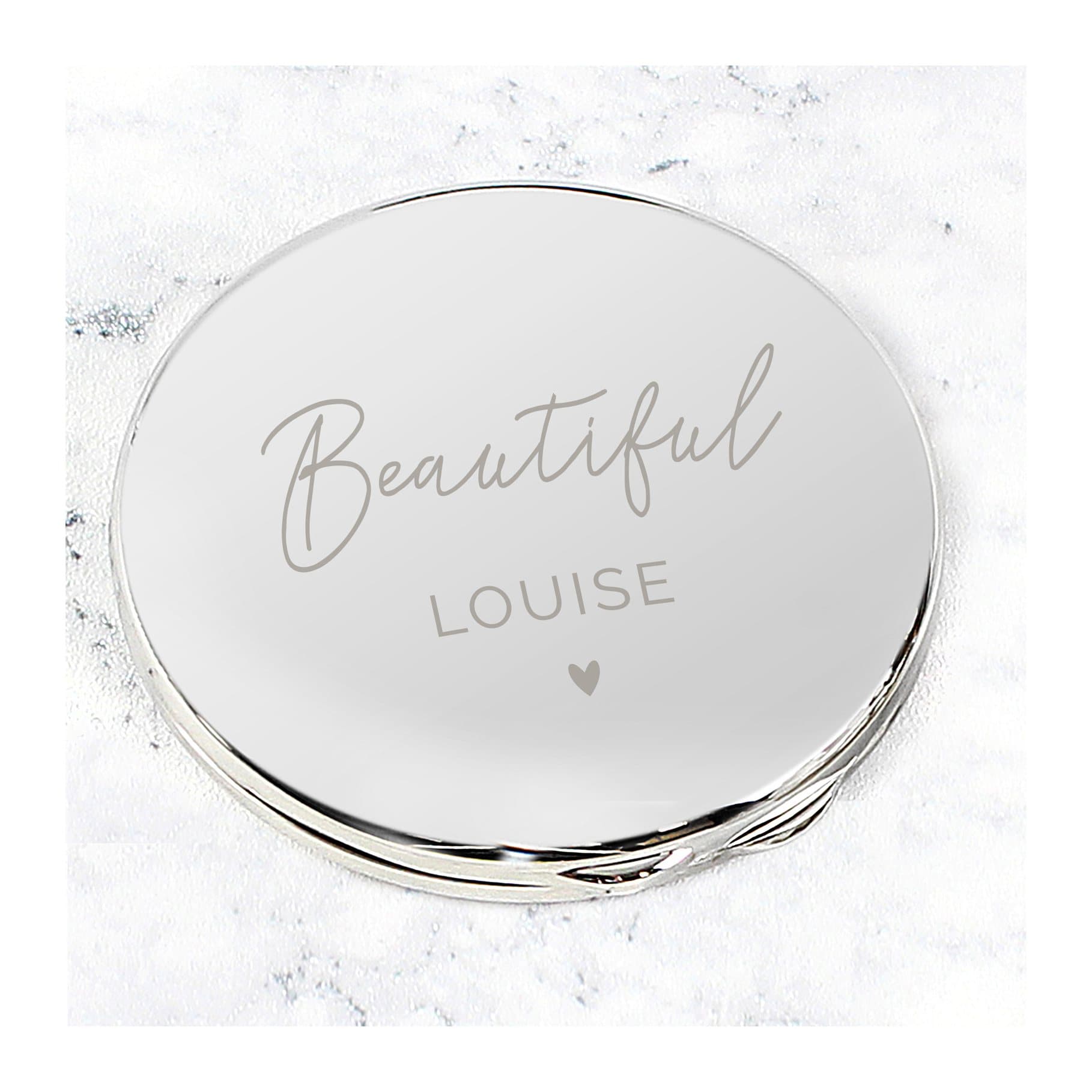 Personalised compact mirror with a message line and a name or role